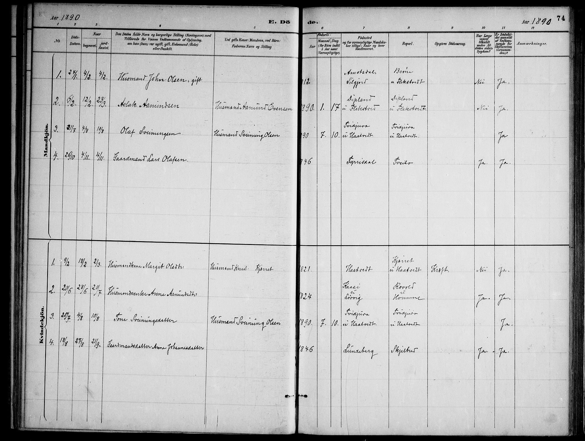 Lårdal kirkebøker, SAKO/A-284/F/Fa/L0007: Parish register (official) no. I 7, 1887-1906, p. 74