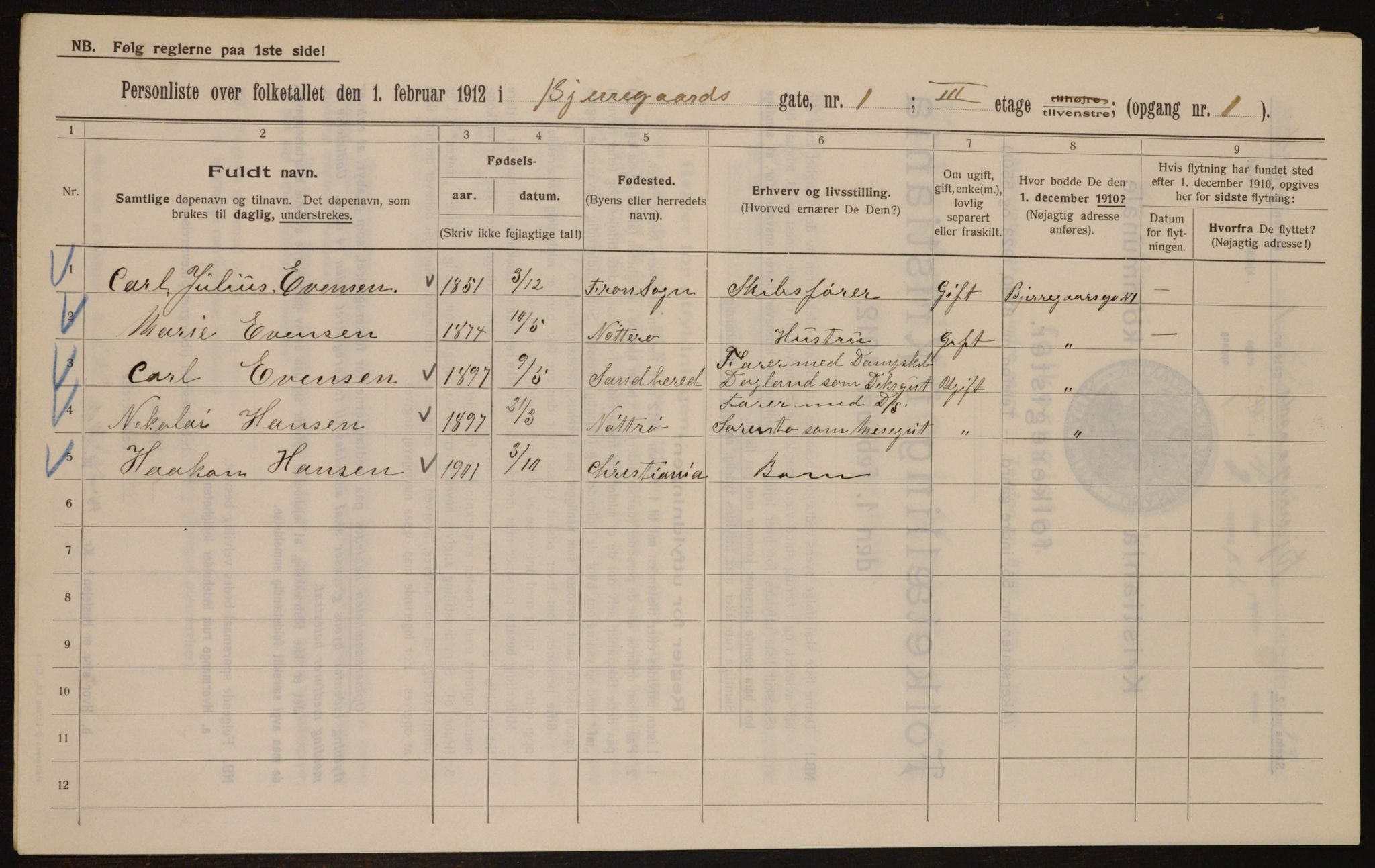 OBA, Municipal Census 1912 for Kristiania, 1912, p. 5361