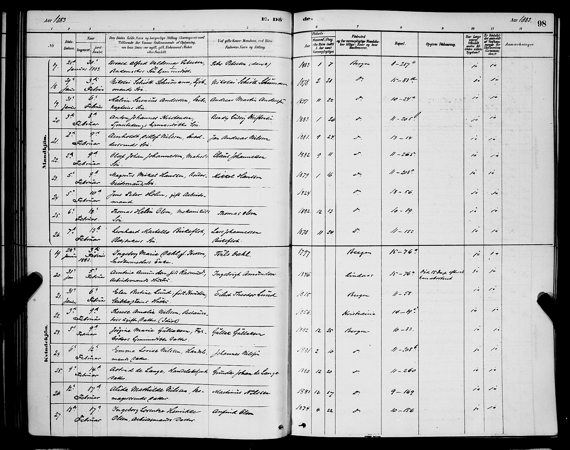 Domkirken sokneprestembete, AV/SAB-A-74801/H/Hab/L0041: Parish register (copy) no. E 5, 1878-1900, p. 98