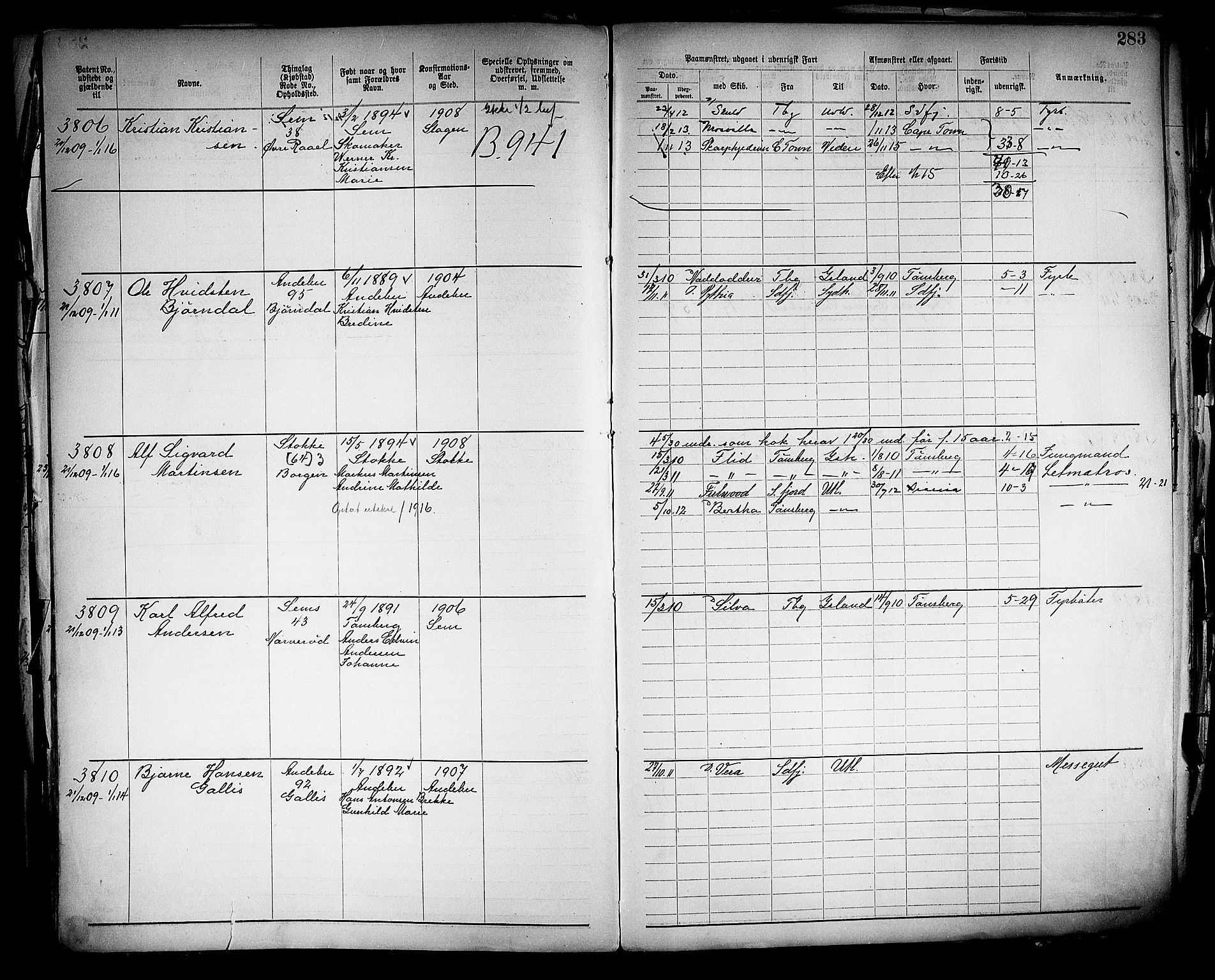 Tønsberg innrulleringskontor, AV/SAKO-A-786/F/Fb/L0005: Annotasjonsrulle Patent nr. 2401-4080, 1904-1910, p. 285