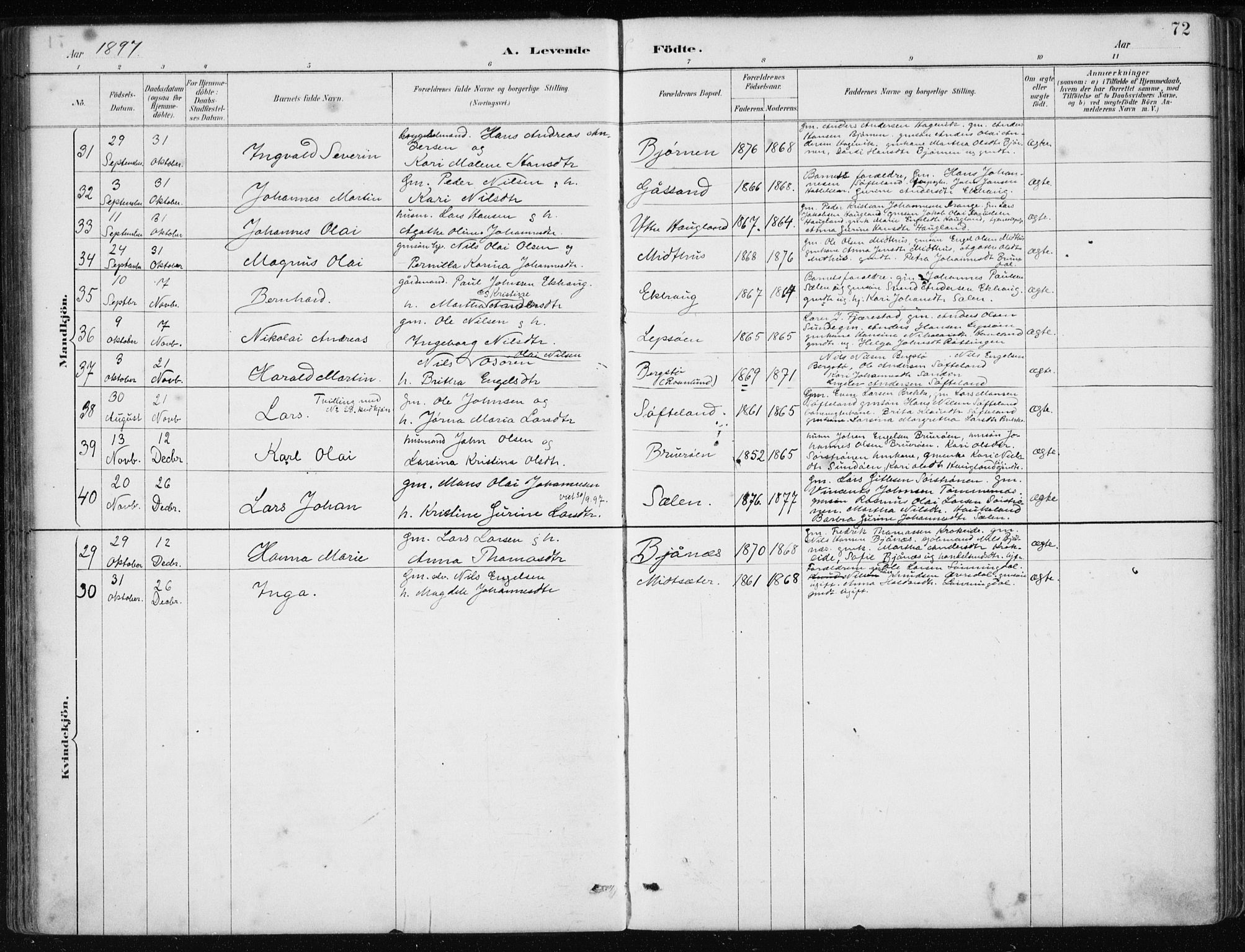 Os sokneprestembete, SAB/A-99929: Parish register (official) no. B 1, 1885-1902, p. 72
