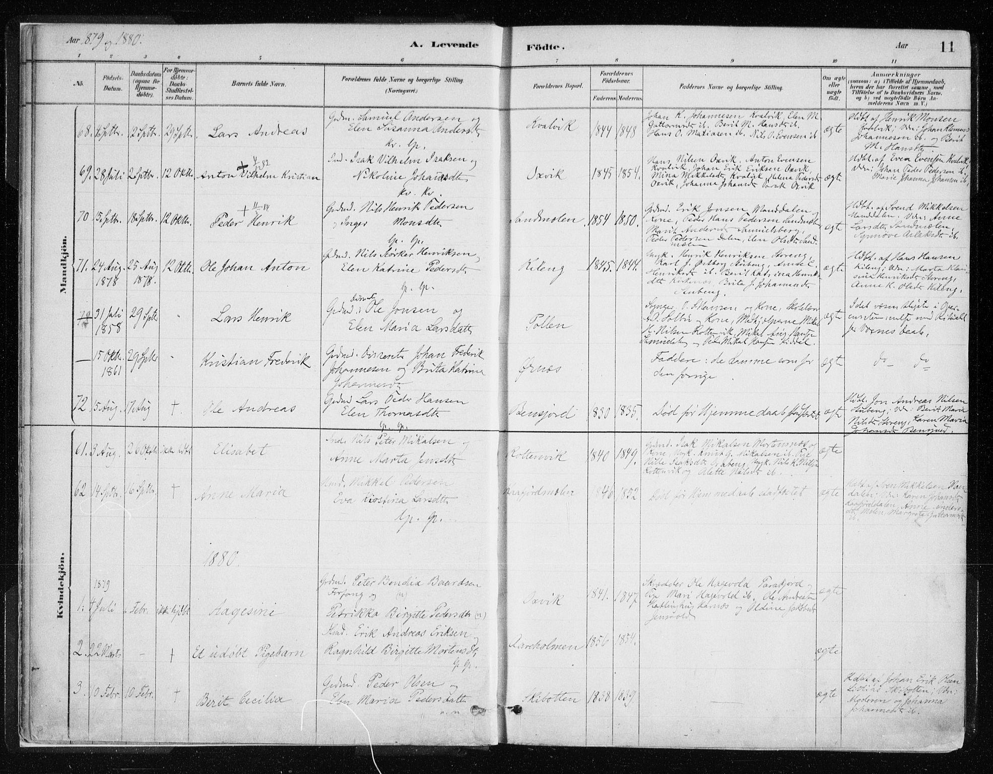 Lyngen sokneprestembete, AV/SATØ-S-1289/H/He/Hea/L0007kirke: Parish register (official) no. 7, 1879-1890, p. 11