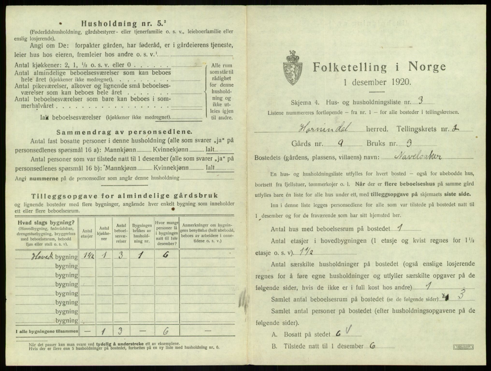 SAB, 1920 census for Hornindal, 1920, p. 86