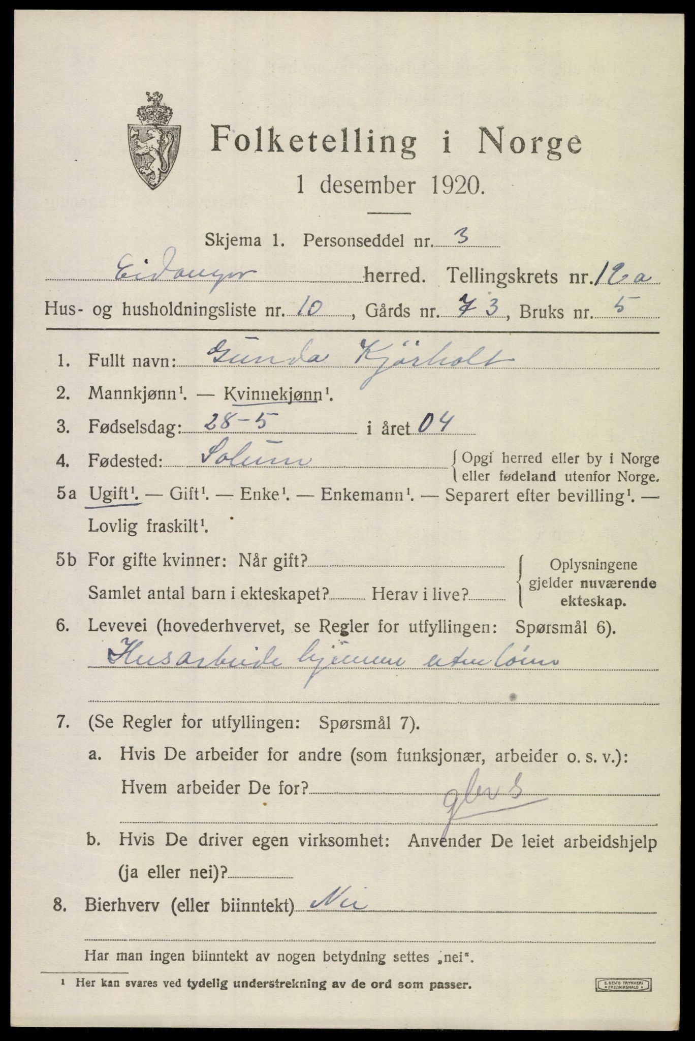 SAKO, 1920 census for Eidanger, 1920, p. 7332