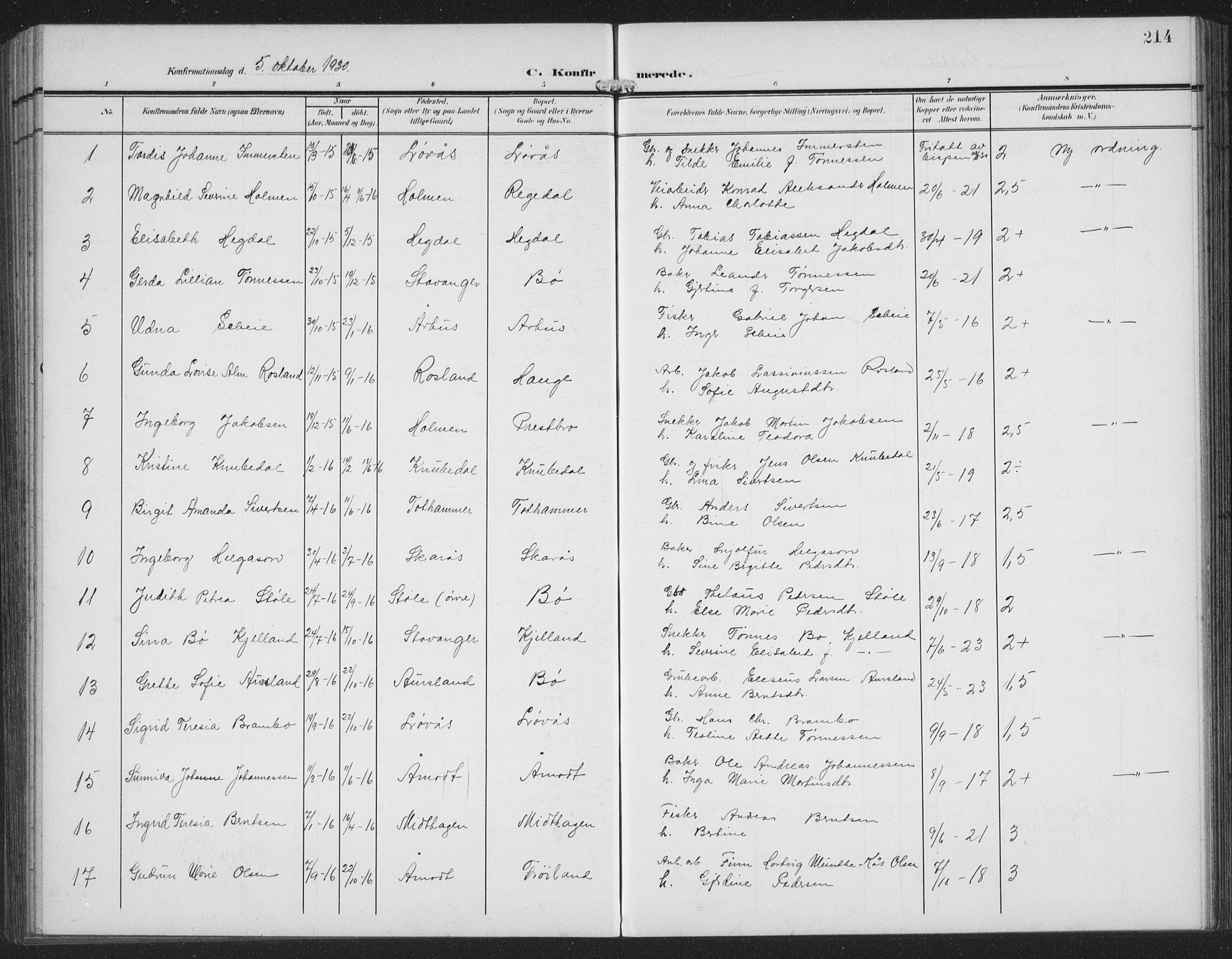 Sokndal sokneprestkontor, AV/SAST-A-101808: Parish register (copy) no. B 8, 1908-1934, p. 214