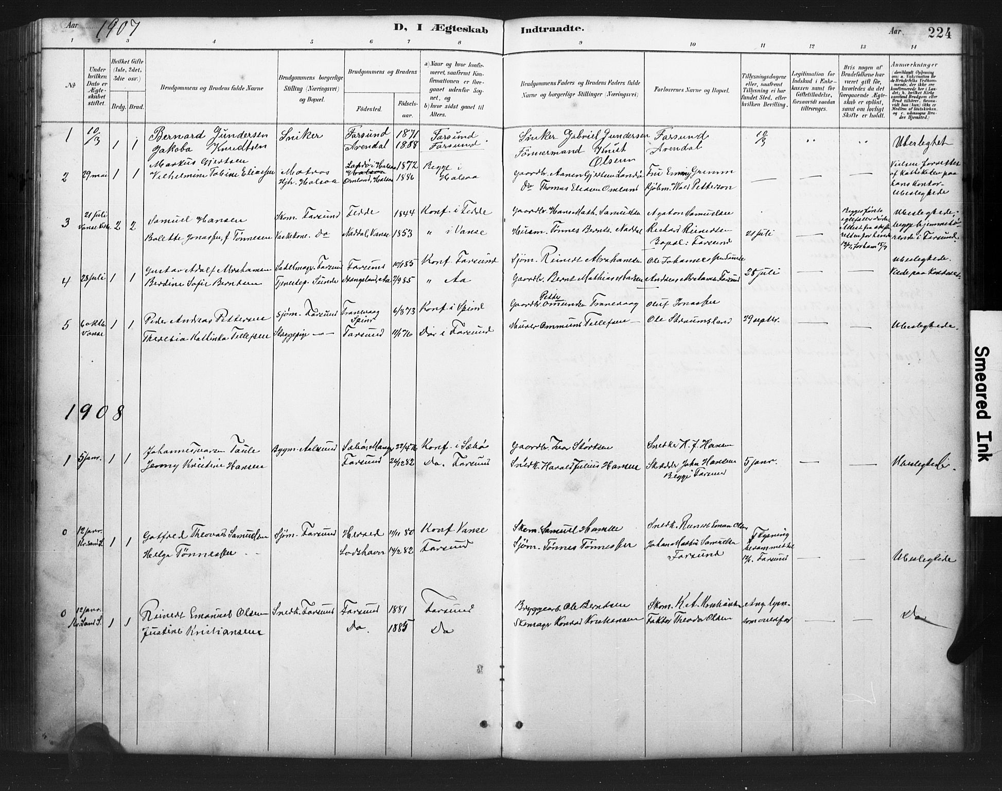 Farsund sokneprestkontor, AV/SAK-1111-0009/F/Fb/L0001: Parish register (copy) no. B 1, 1886-1931, p. 224