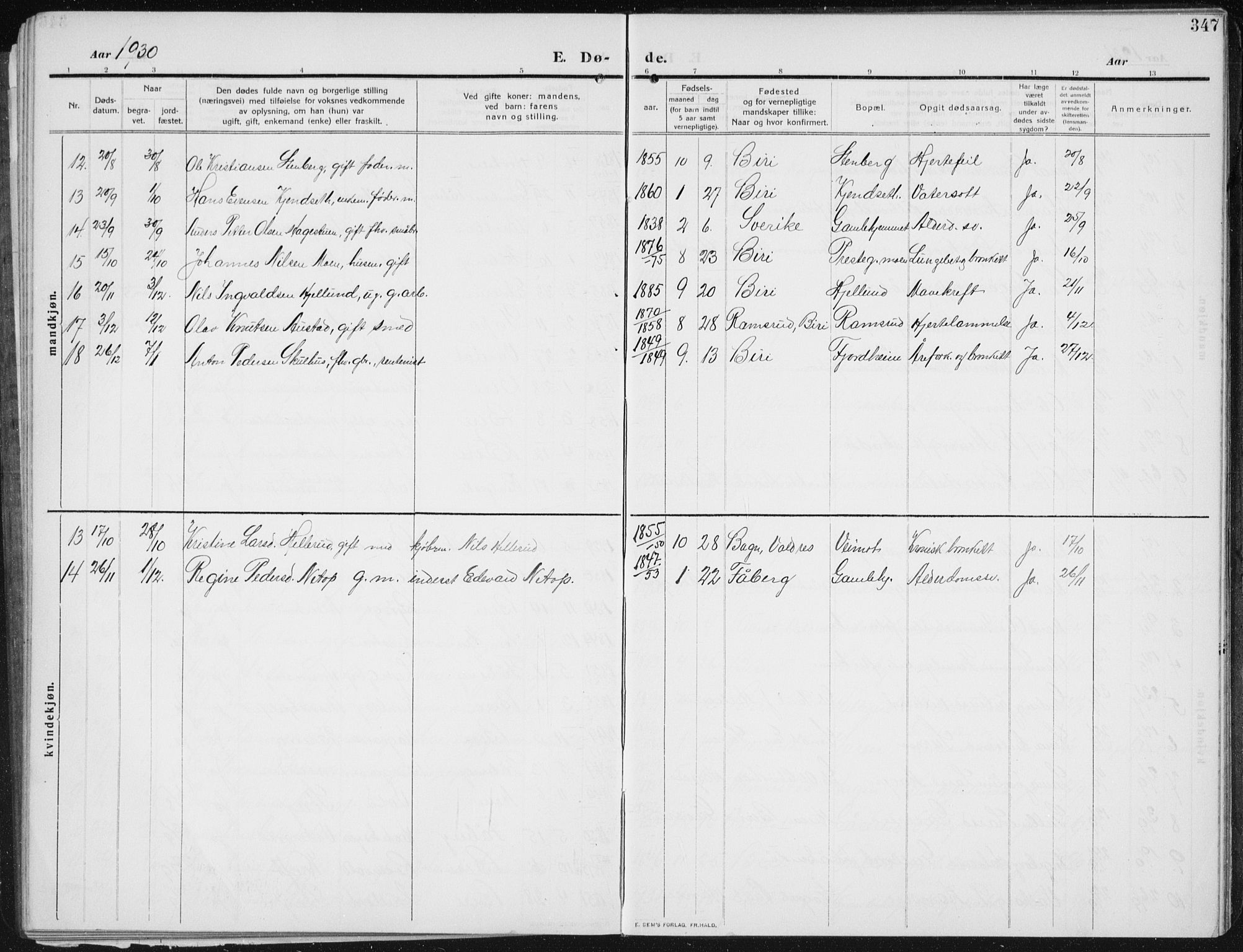 Biri prestekontor, SAH/PREST-096/H/Ha/Hab/L0006: Parish register (copy) no. 6, 1909-1938, p. 347