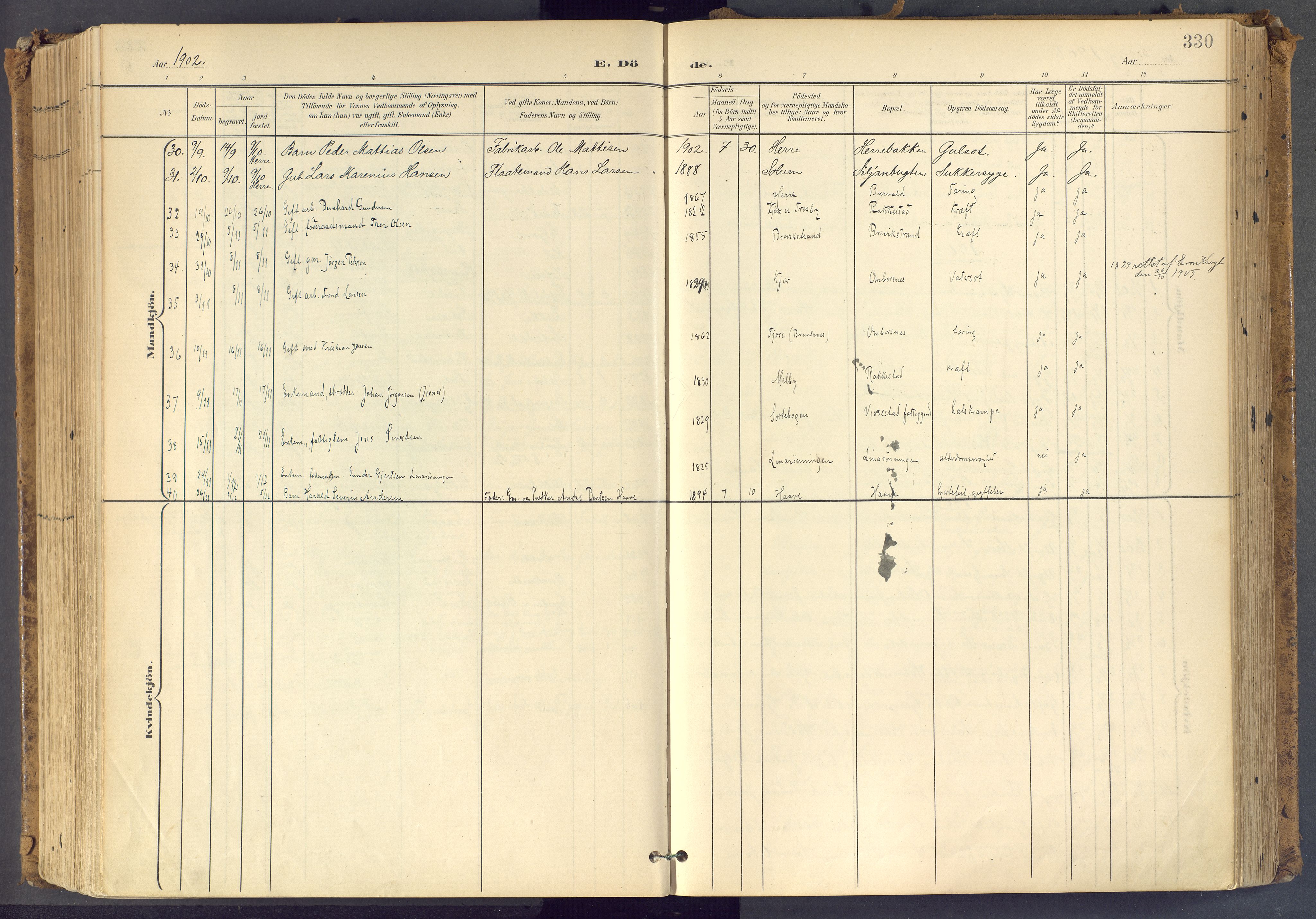 Bamble kirkebøker, SAKO/A-253/F/Fa/L0009: Parish register (official) no. I 9, 1901-1917, p. 330