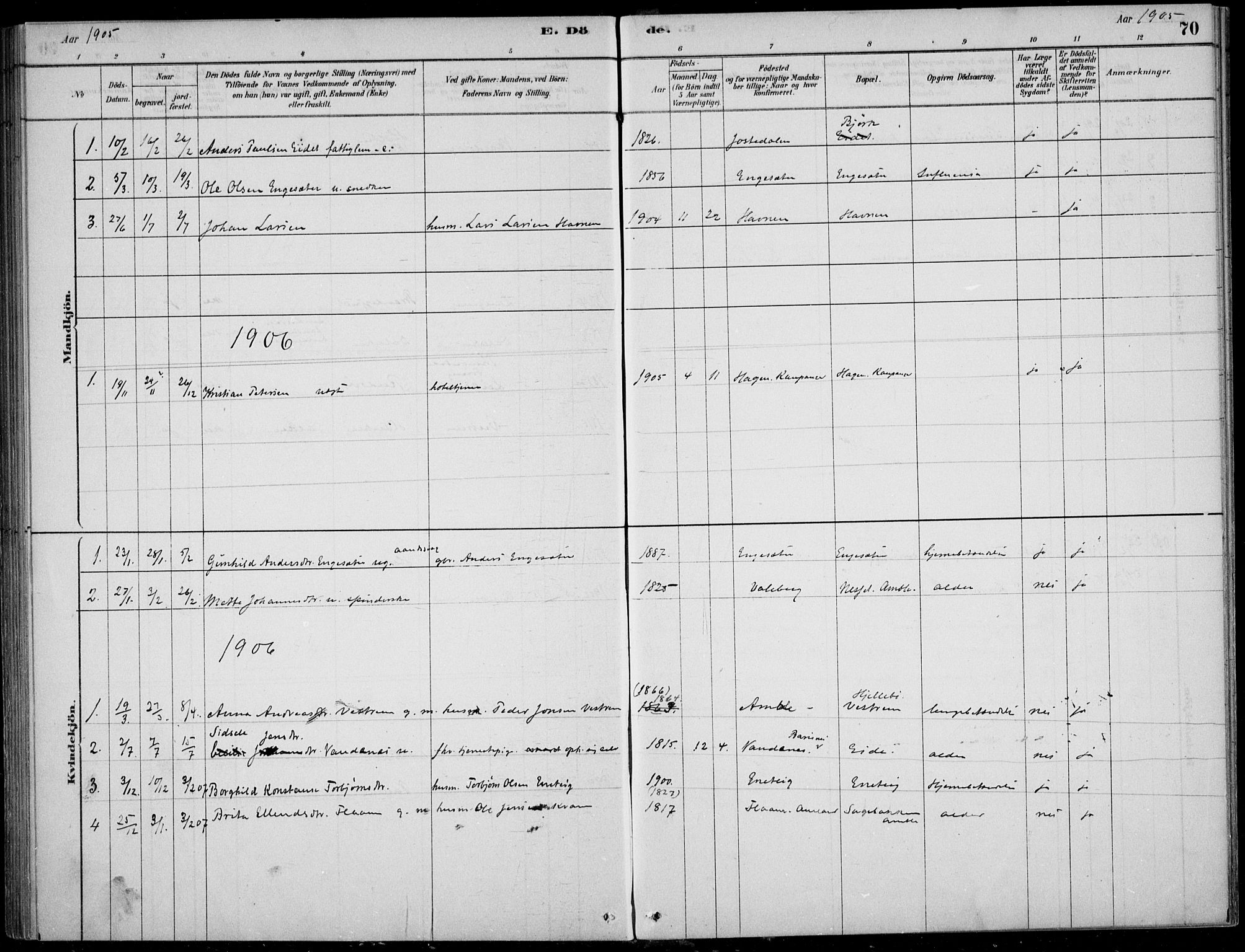 Sogndal sokneprestembete, SAB/A-81301/H/Haa/Haad/L0001: Parish register (official) no. D  1, 1878-1907, p. 70