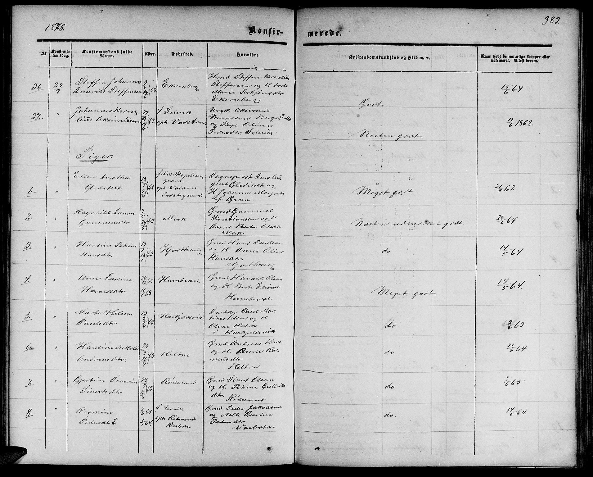 Ministerialprotokoller, klokkerbøker og fødselsregistre - Møre og Romsdal, SAT/A-1454/511/L0157: Parish register (copy) no. 511C03, 1864-1884, p. 382