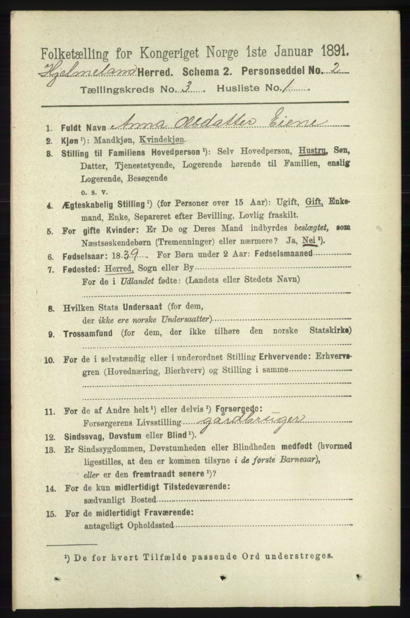 RA, 1891 census for 1133 Hjelmeland, 1891, p. 738