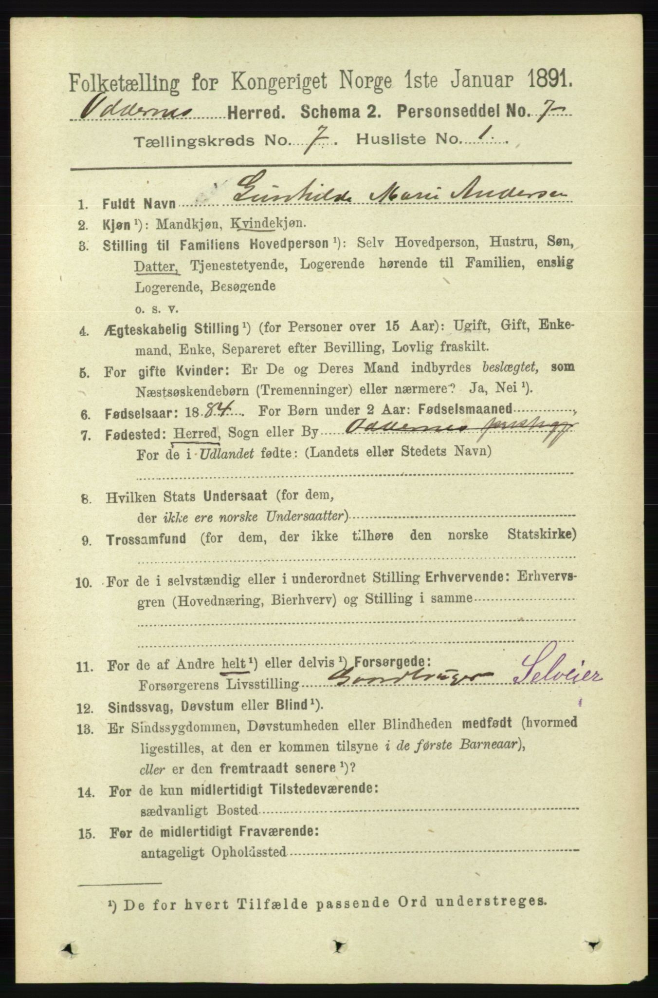 RA, 1891 census for 1012 Oddernes, 1891, p. 2483