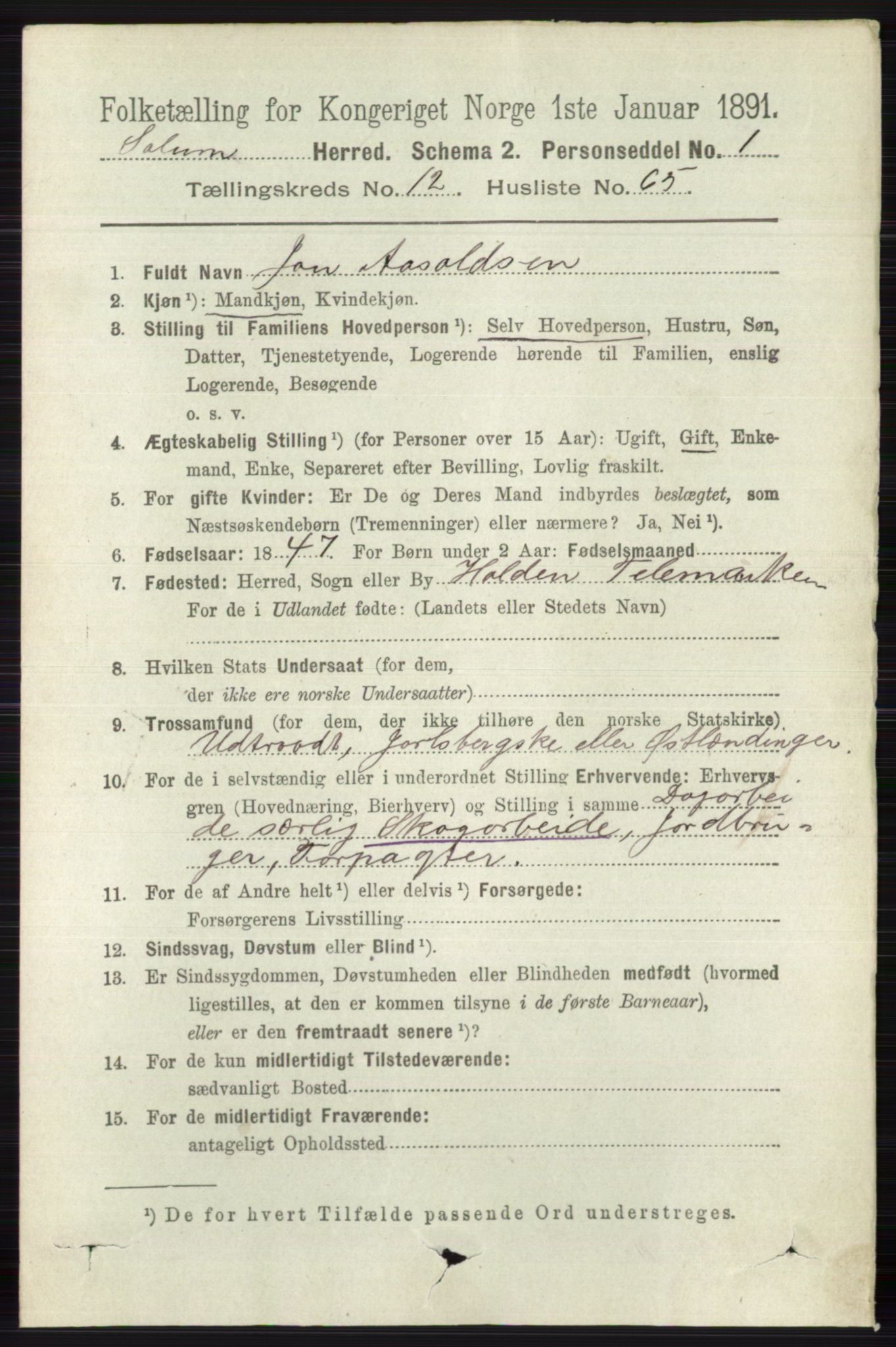 RA, 1891 census for 0818 Solum, 1891, p. 5986