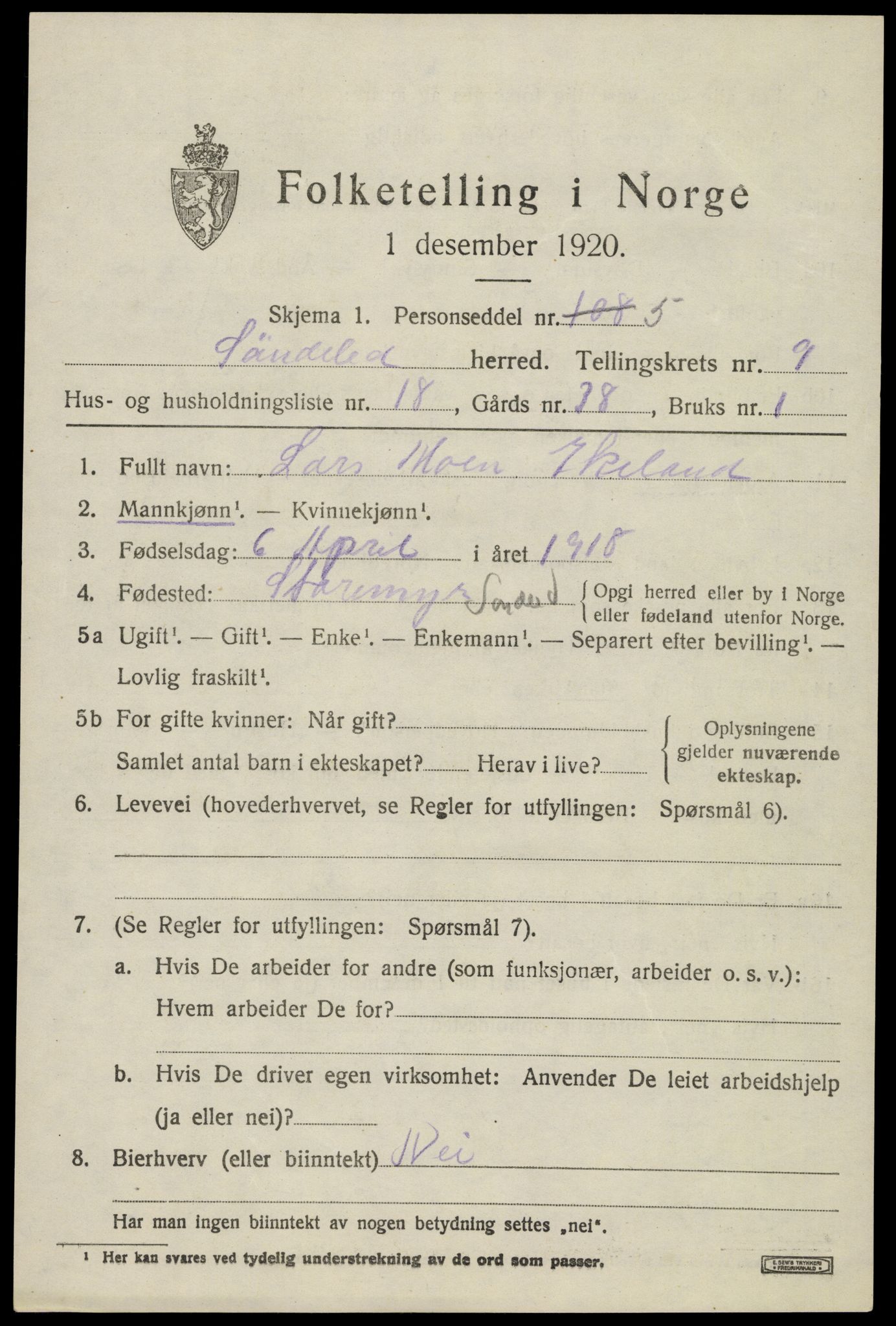 SAK, 1920 census for Søndeled, 1920, p. 4799