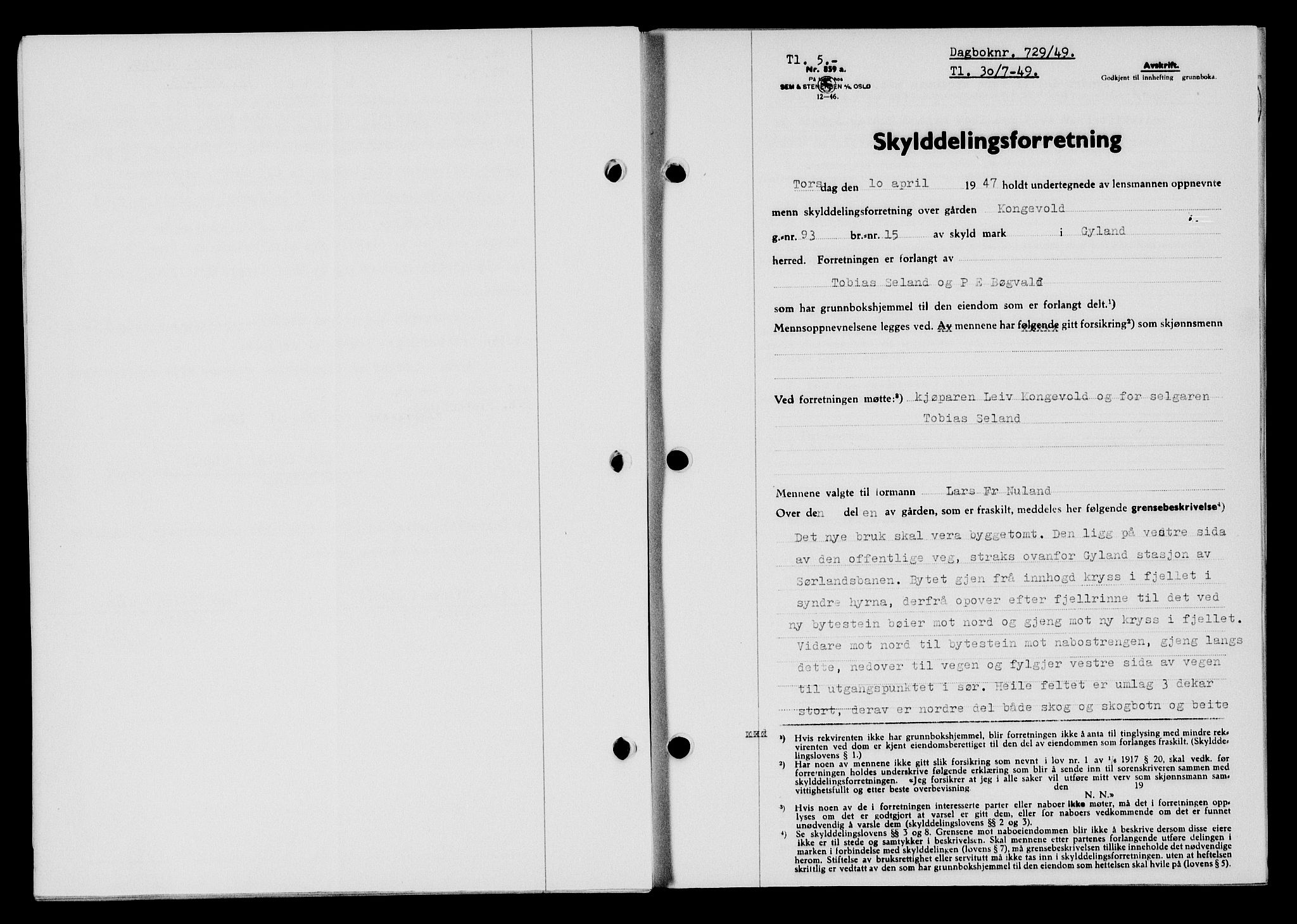 Flekkefjord sorenskriveri, SAK/1221-0001/G/Gb/Gba/L0065: Mortgage book no. A-13, 1949-1949, Diary no: : 729/1949