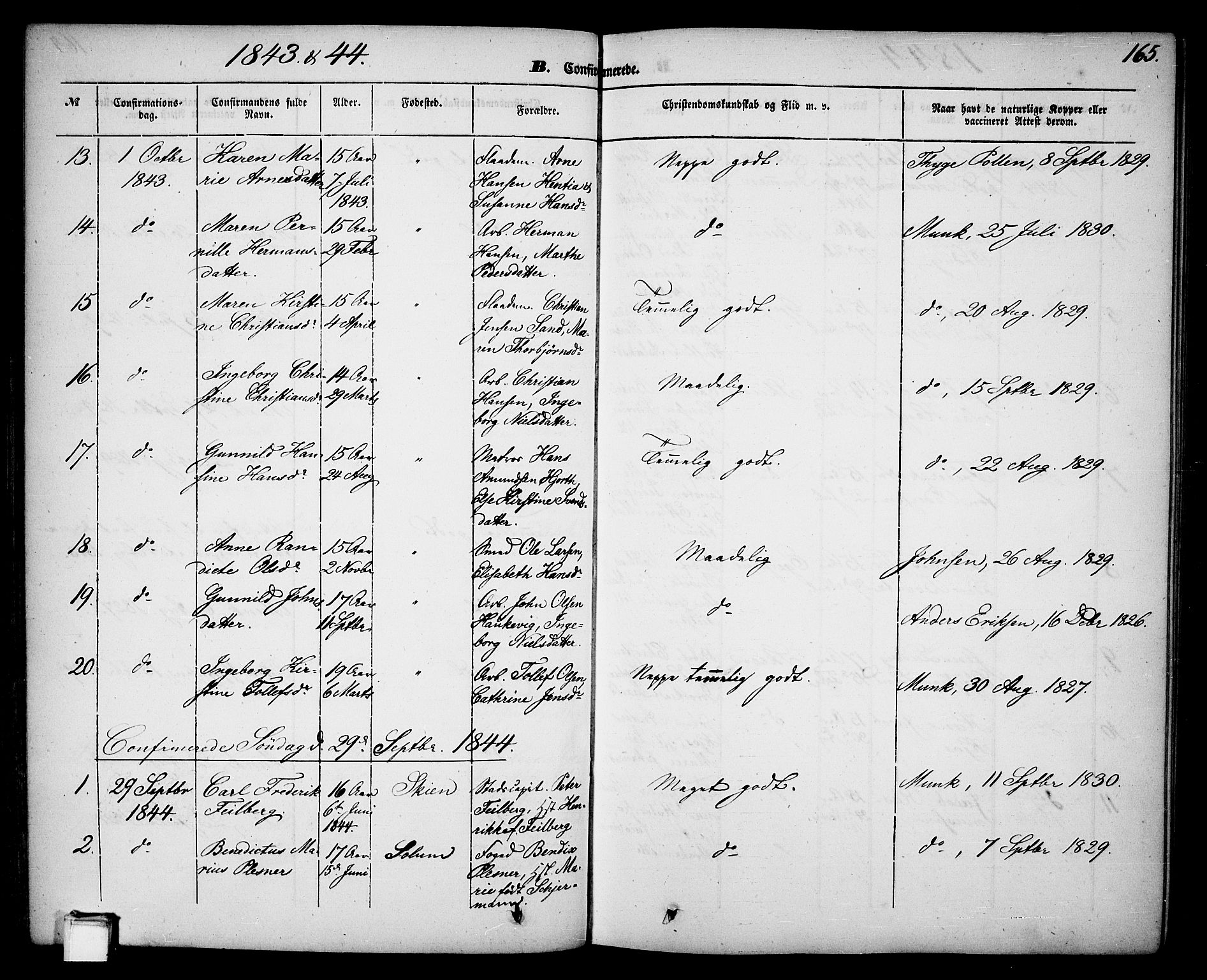Skien kirkebøker, SAKO/A-302/G/Ga/L0004: Parish register (copy) no. 4, 1843-1867, p. 165
