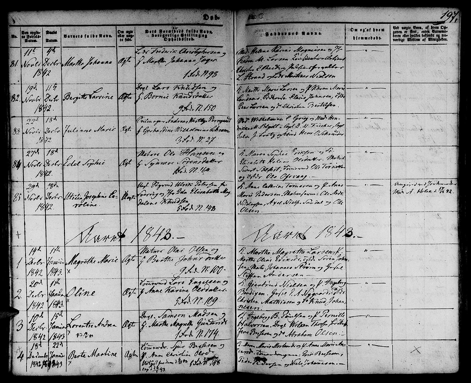 Nykirken Sokneprestembete, SAB/A-77101/H/Hab: Parish register (copy) no. B 1, 1842-1858, p. 197