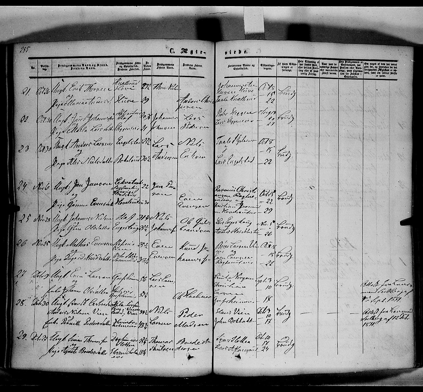 Nes prestekontor, Hedmark, SAH/PREST-020/K/Ka/L0004: Parish register (official) no. 4, 1852-1886, p. 285