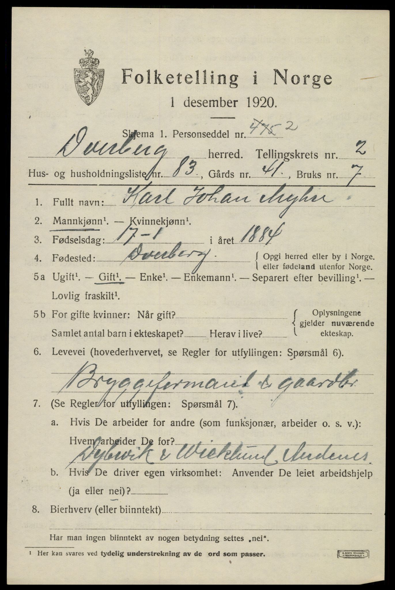 SAT, 1920 census for Dverberg, 1920, p. 3646