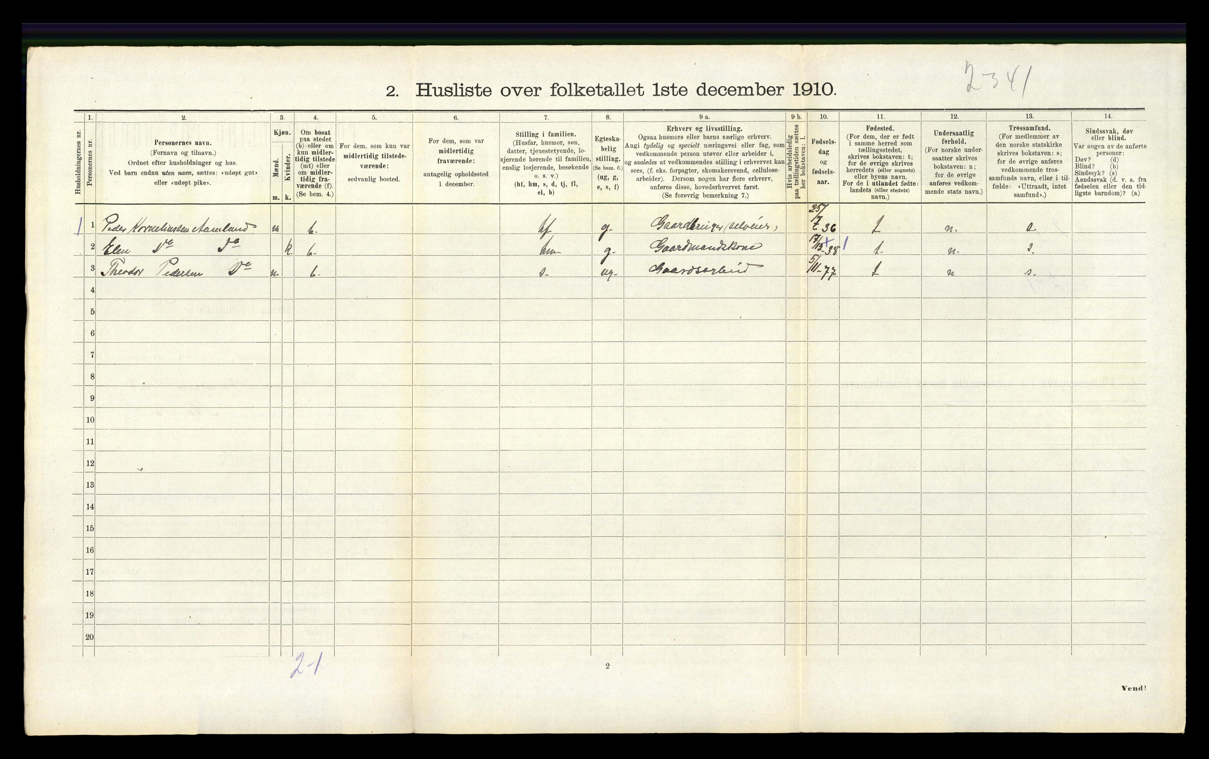 RA, 1910 census for Lyngdal, 1910, p. 485