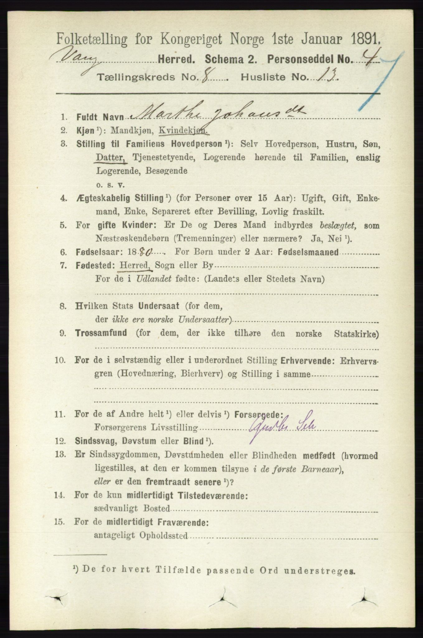 RA, 1891 census for 0414 Vang, 1891, p. 5676