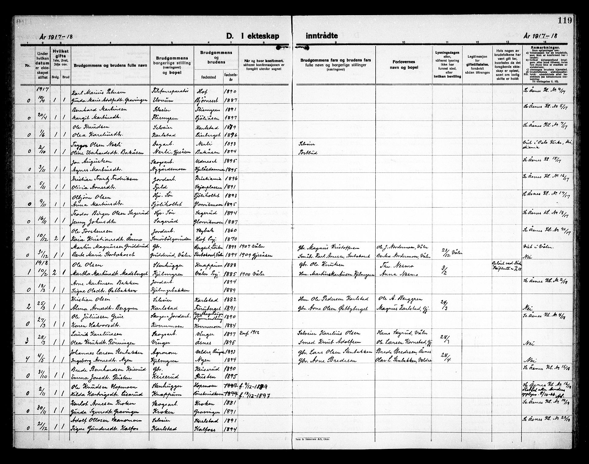 Åsnes prestekontor, AV/SAH-PREST-042/H/Ha/Haa/L0000D: Parish register (official) no. 0B, 1890-1929, p. 119