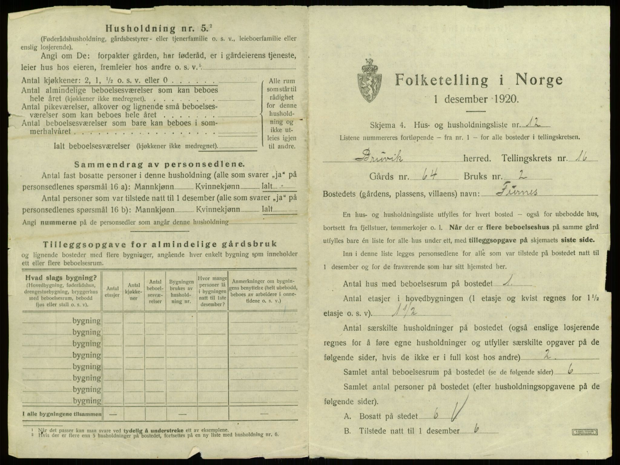 SAB, 1920 census for Bruvik, 1920, p. 1094