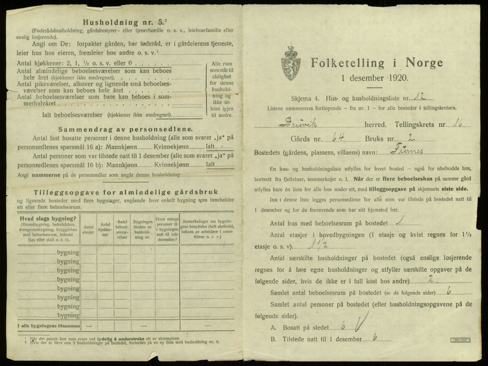 SAB, 1920 census for Bruvik, 1920, p. 1094