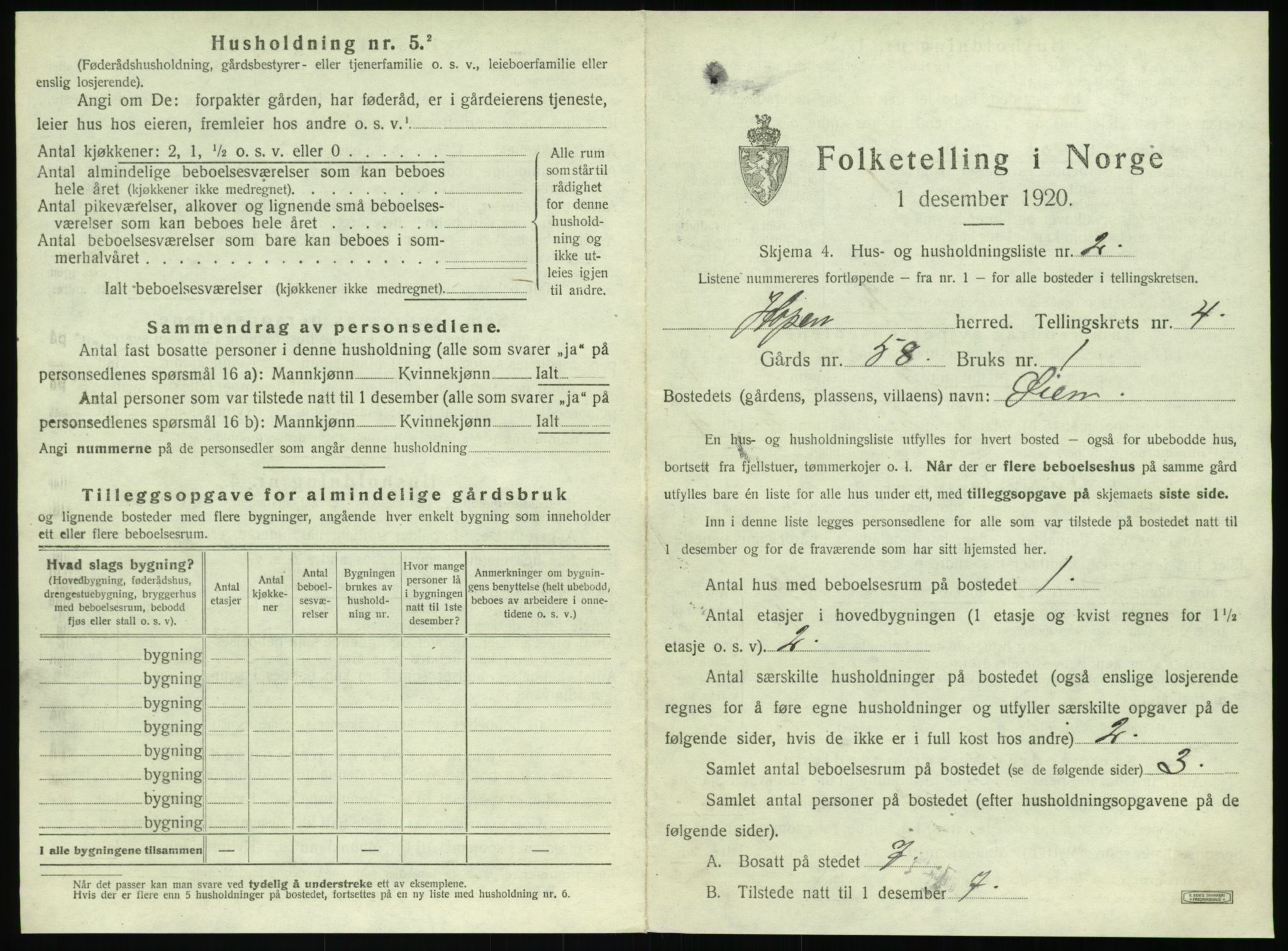 SAT, 1920 census for Hopen, 1920, p. 298