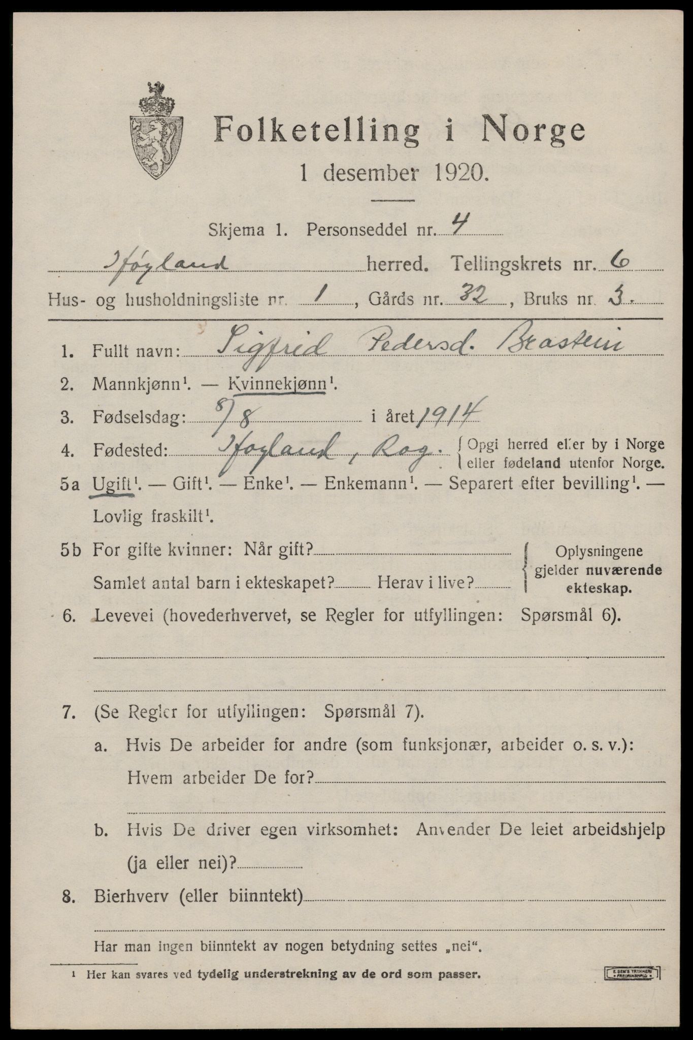 SAST, 1920 census for Høyland, 1920, p. 4270