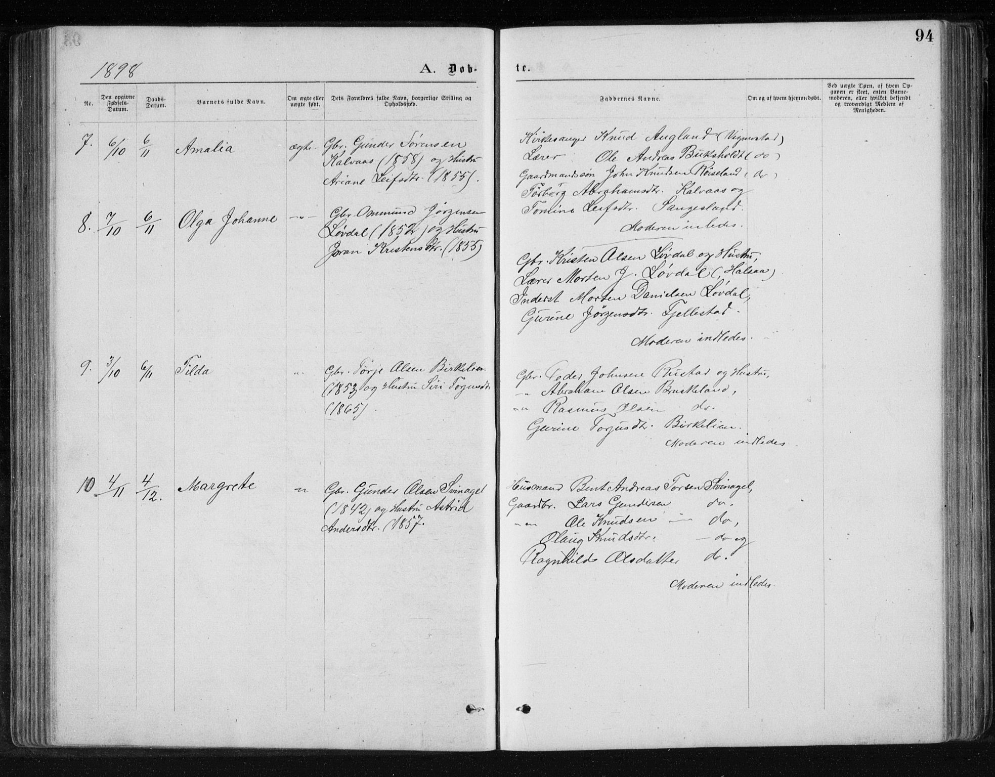 Holum sokneprestkontor, AV/SAK-1111-0022/F/Fb/Fbb/L0003: Parish register (copy) no. B 3, 1875-1898, p. 94