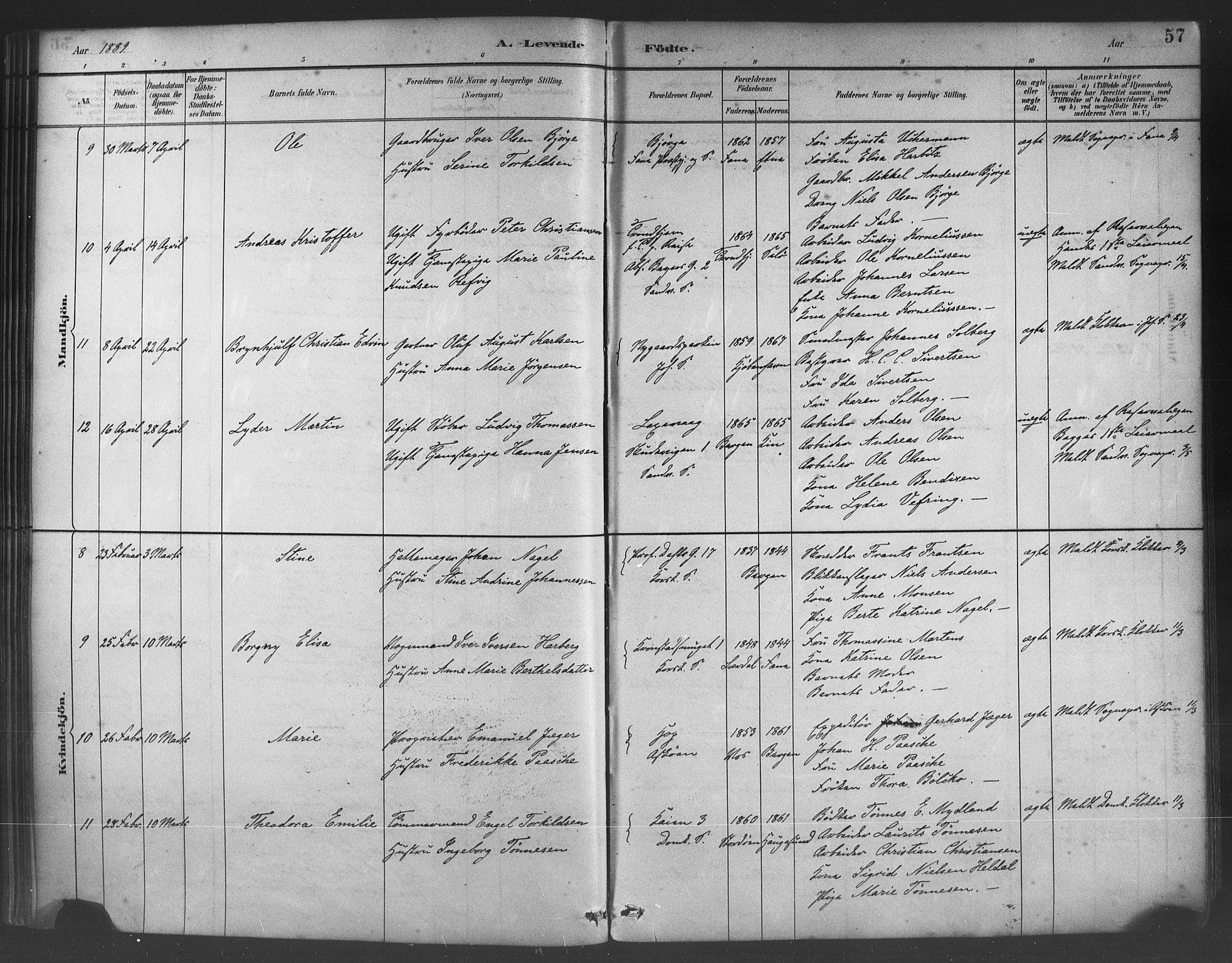Fødselsstiftelsens sokneprestembete*, SAB/-: Parish register (official) no. A 2, 1884-1900, p. 57
