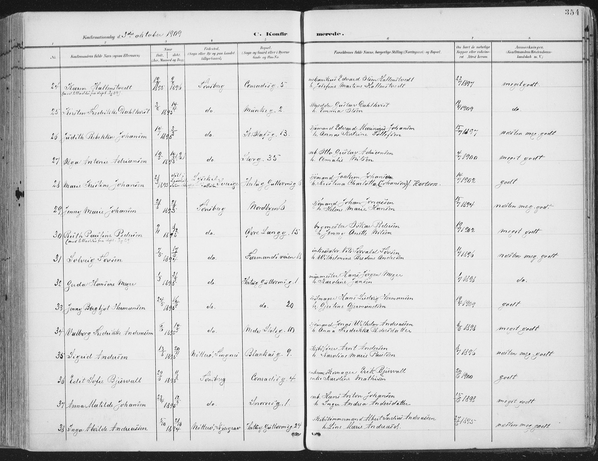 Tønsberg kirkebøker, AV/SAKO-A-330/F/Fa/L0014: Parish register (official) no. I 14, 1900-1913, p. 354