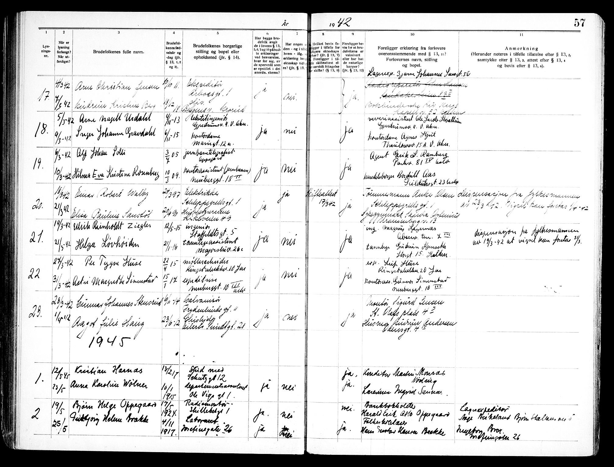 Uranienborg prestekontor Kirkebøker, SAO/A-10877/H/Hb/L0001: Banns register no. II 1, 1938-1947, p. 57