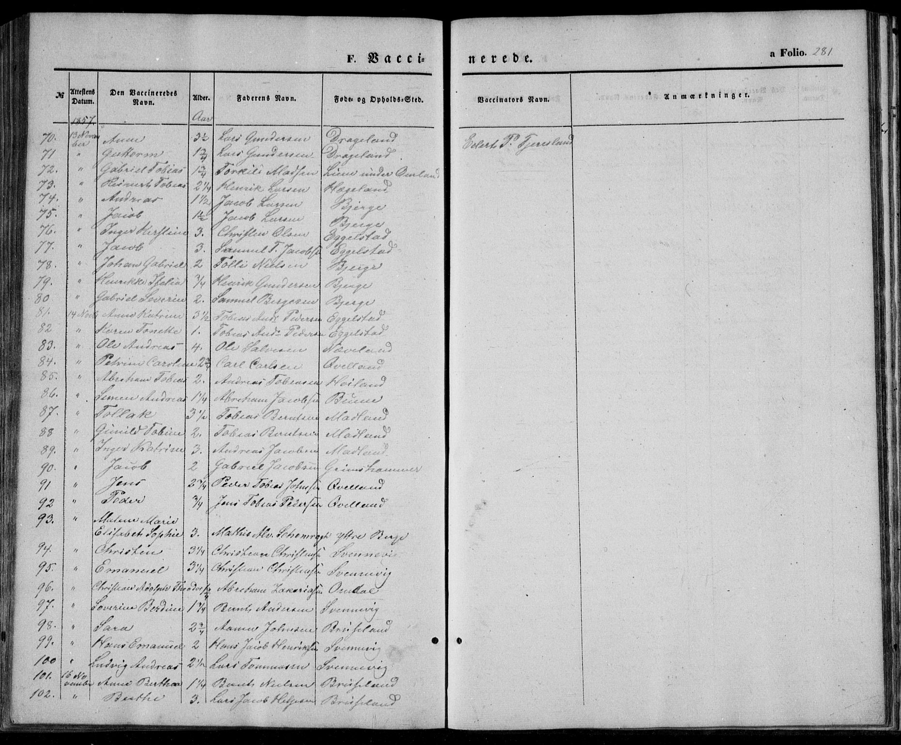 Lyngdal sokneprestkontor, AV/SAK-1111-0029/F/Fa/Fac/L0009: Parish register (official) no. A 9, 1852-1864, p. 281