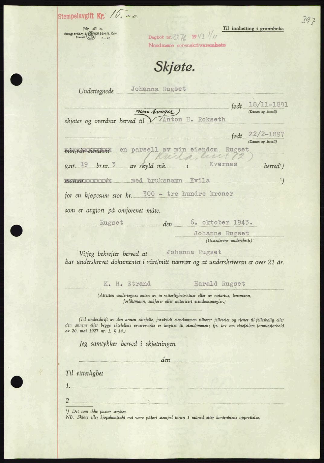 Nordmøre sorenskriveri, AV/SAT-A-4132/1/2/2Ca: Mortgage book no. A96, 1943-1944, Diary no: : 2376/1943