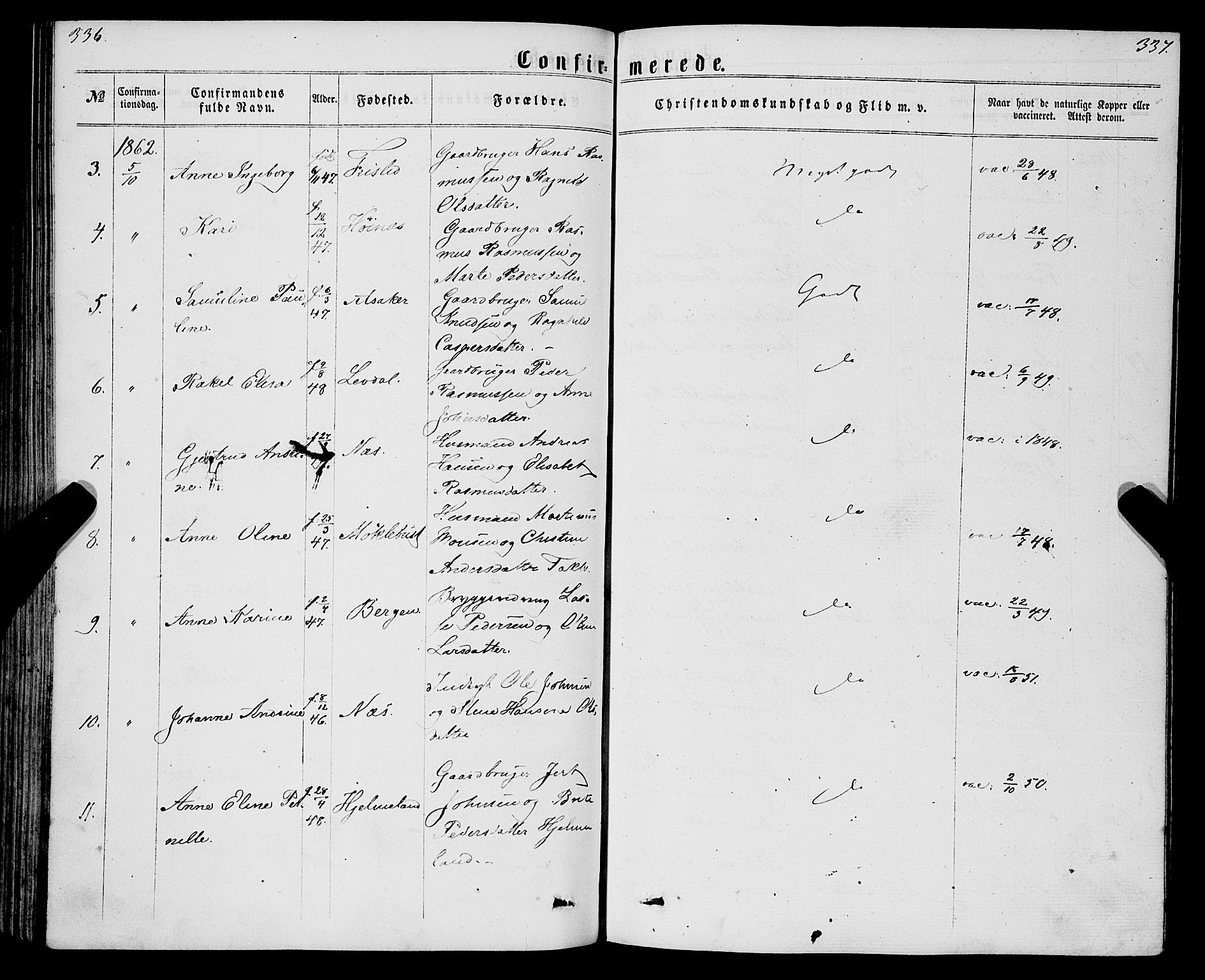 Eid sokneprestembete, AV/SAB-A-82301/H/Haa/Haaa/L0009: Parish register (official) no. A 9, 1861-1868, p. 336-337