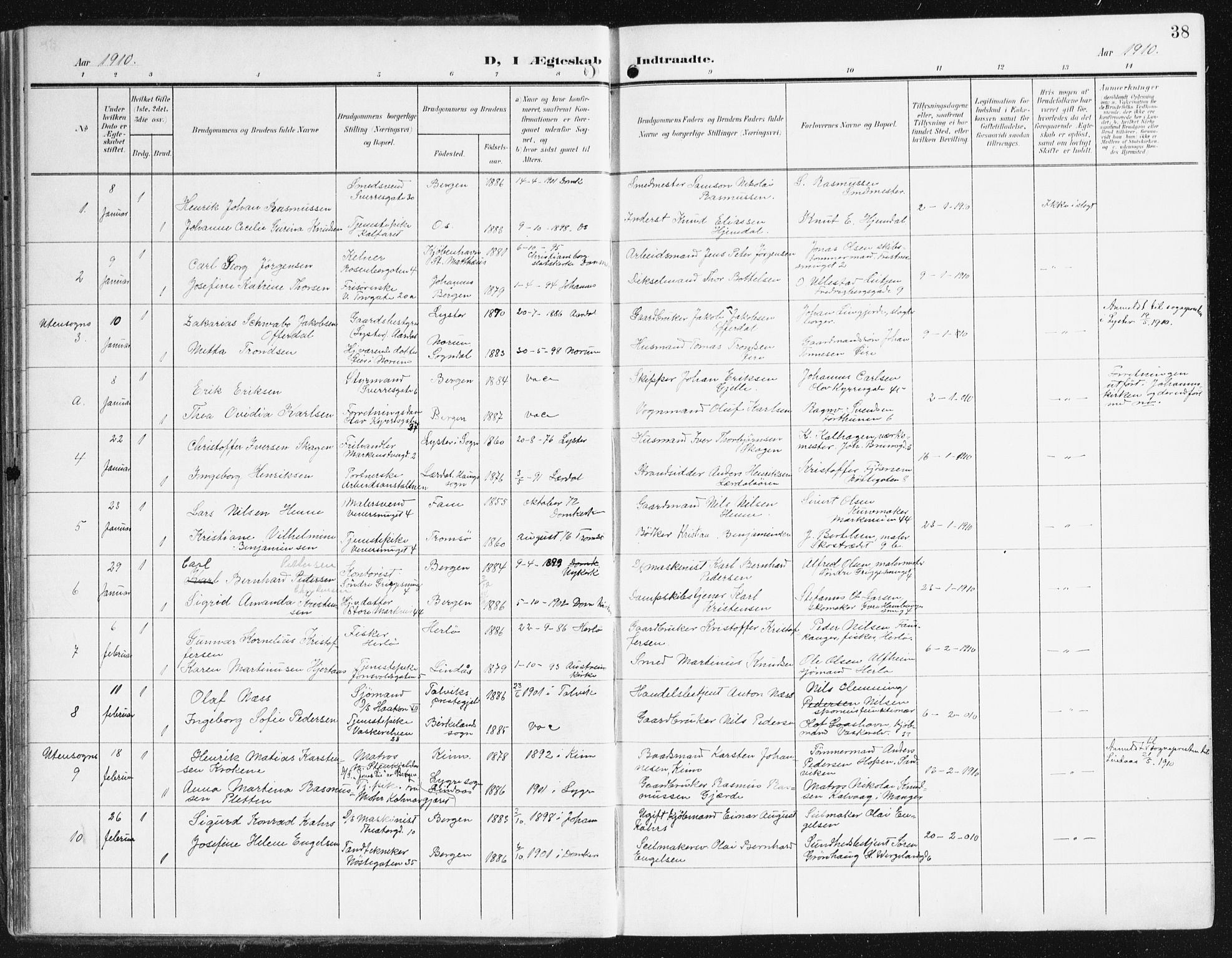 Domkirken sokneprestembete, SAB/A-74801/H/Haa/L0038: Parish register (official) no. D 5, 1906-1921, p. 38