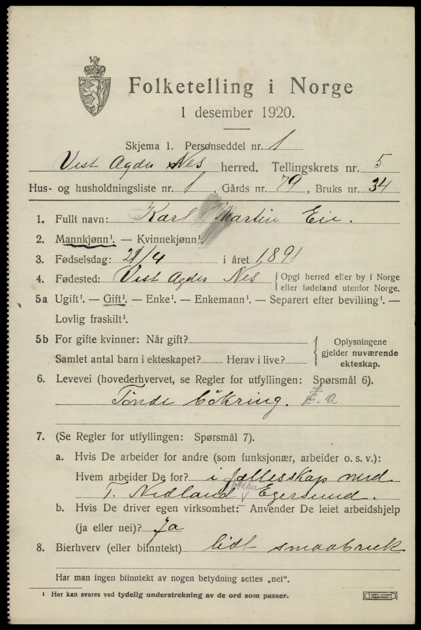 SAK, 1920 census for Nes (V-A), 1920, p. 2654