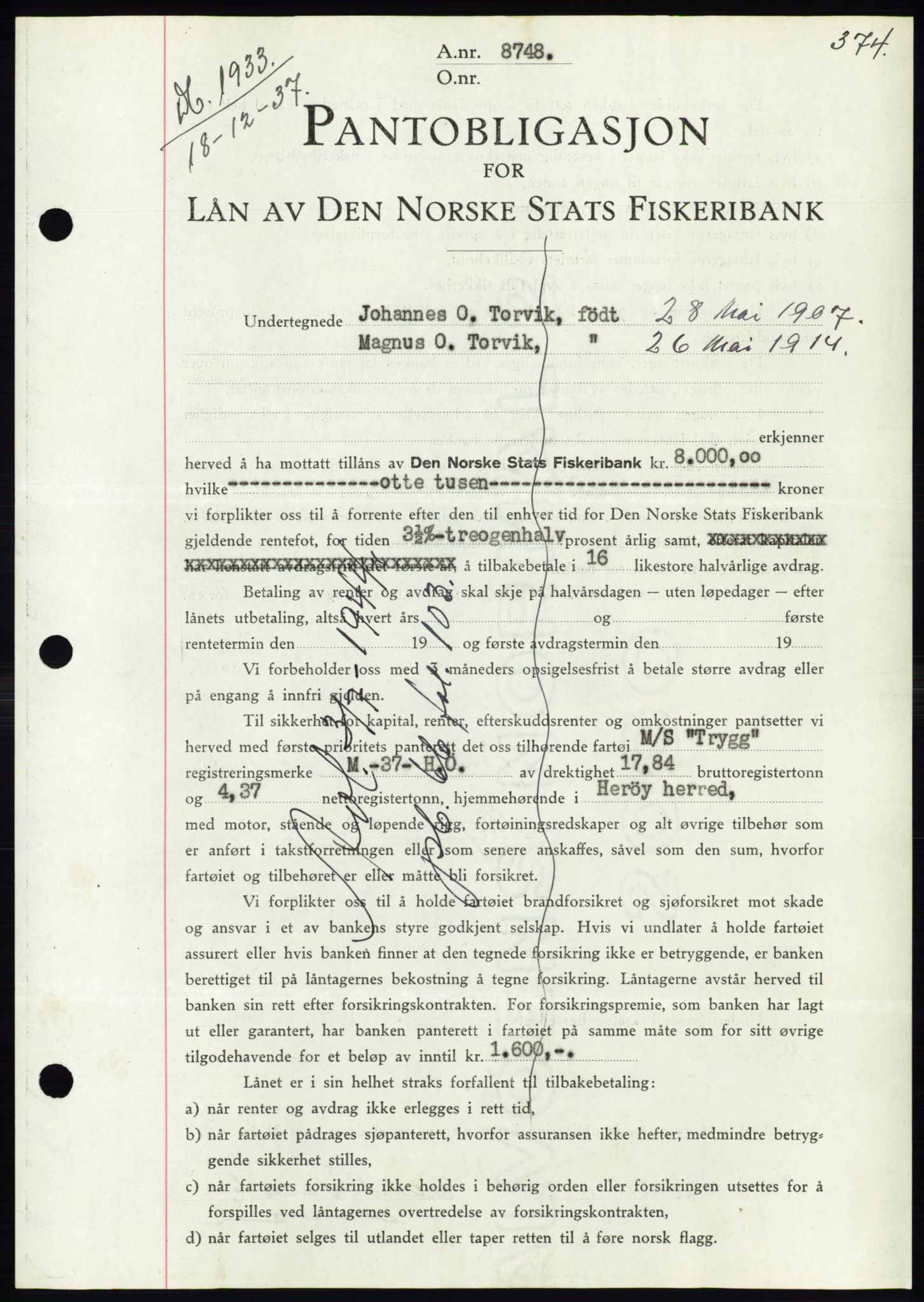 Søre Sunnmøre sorenskriveri, AV/SAT-A-4122/1/2/2C/L0064: Mortgage book no. 58, 1937-1938, Diary no: : 1933/1937