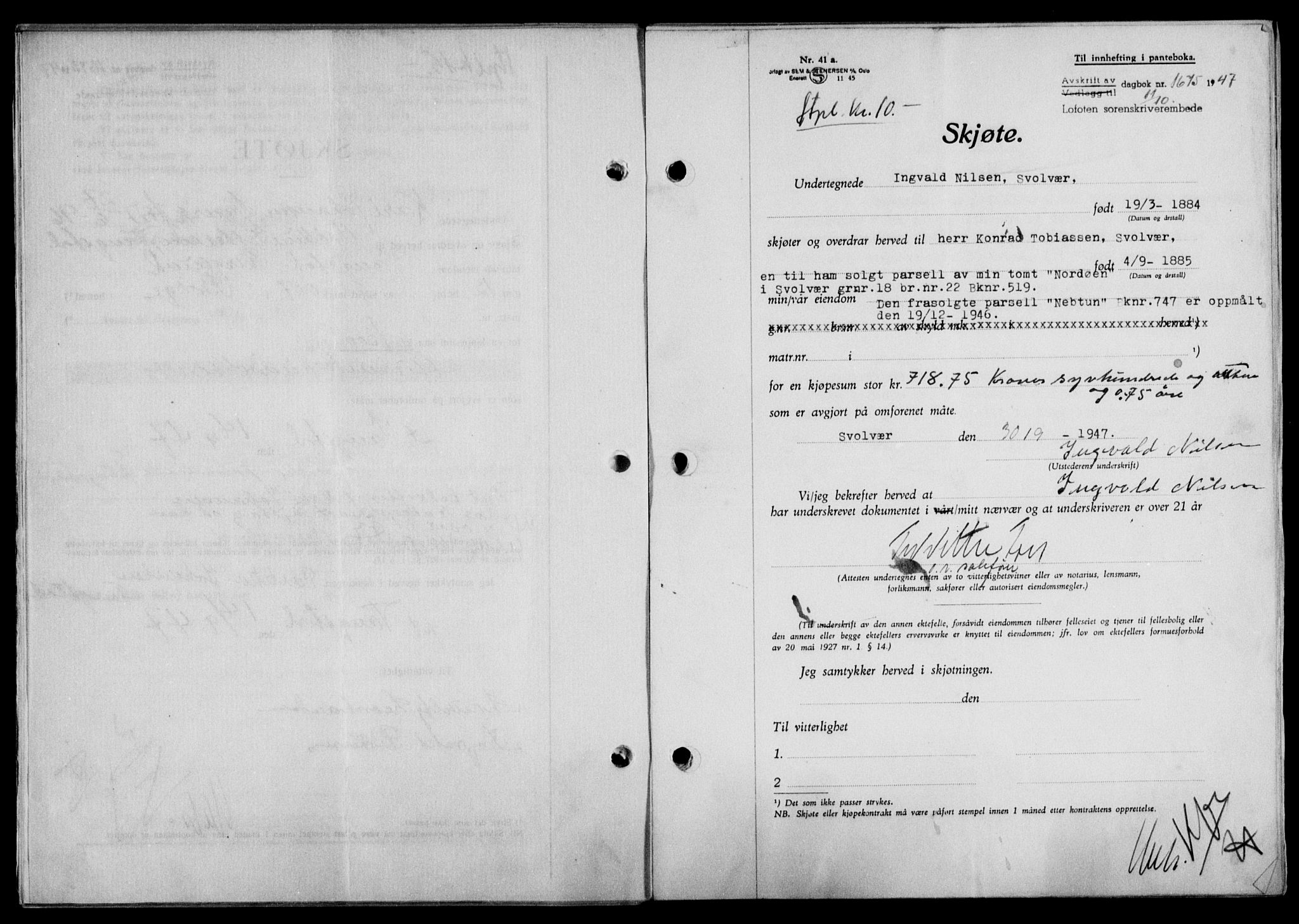 Lofoten sorenskriveri, SAT/A-0017/1/2/2C/L0017a: Mortgage book no. 17a, 1947-1948, Diary no: : 1675/1947
