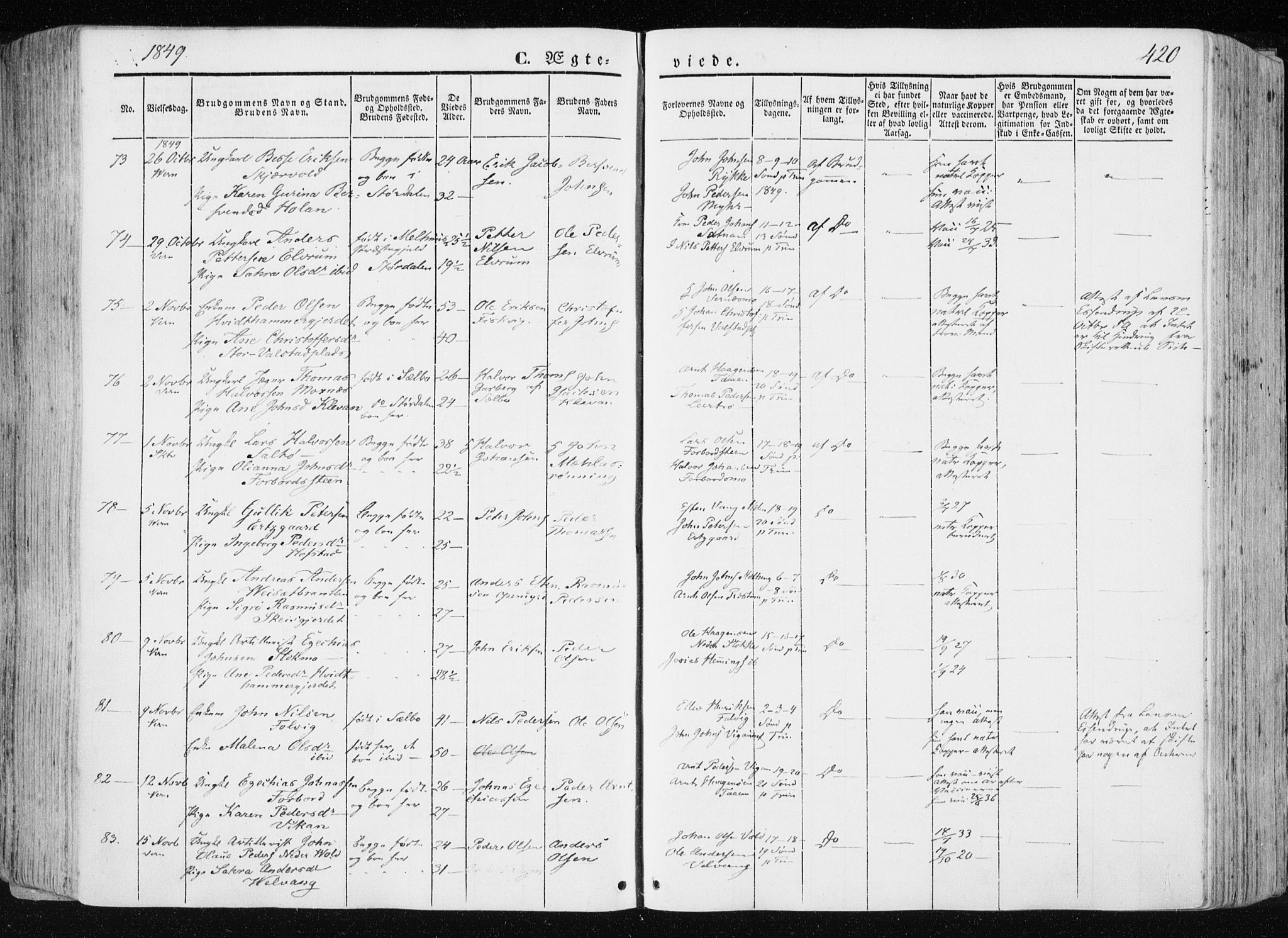 Ministerialprotokoller, klokkerbøker og fødselsregistre - Nord-Trøndelag, AV/SAT-A-1458/709/L0074: Parish register (official) no. 709A14, 1845-1858, p. 420