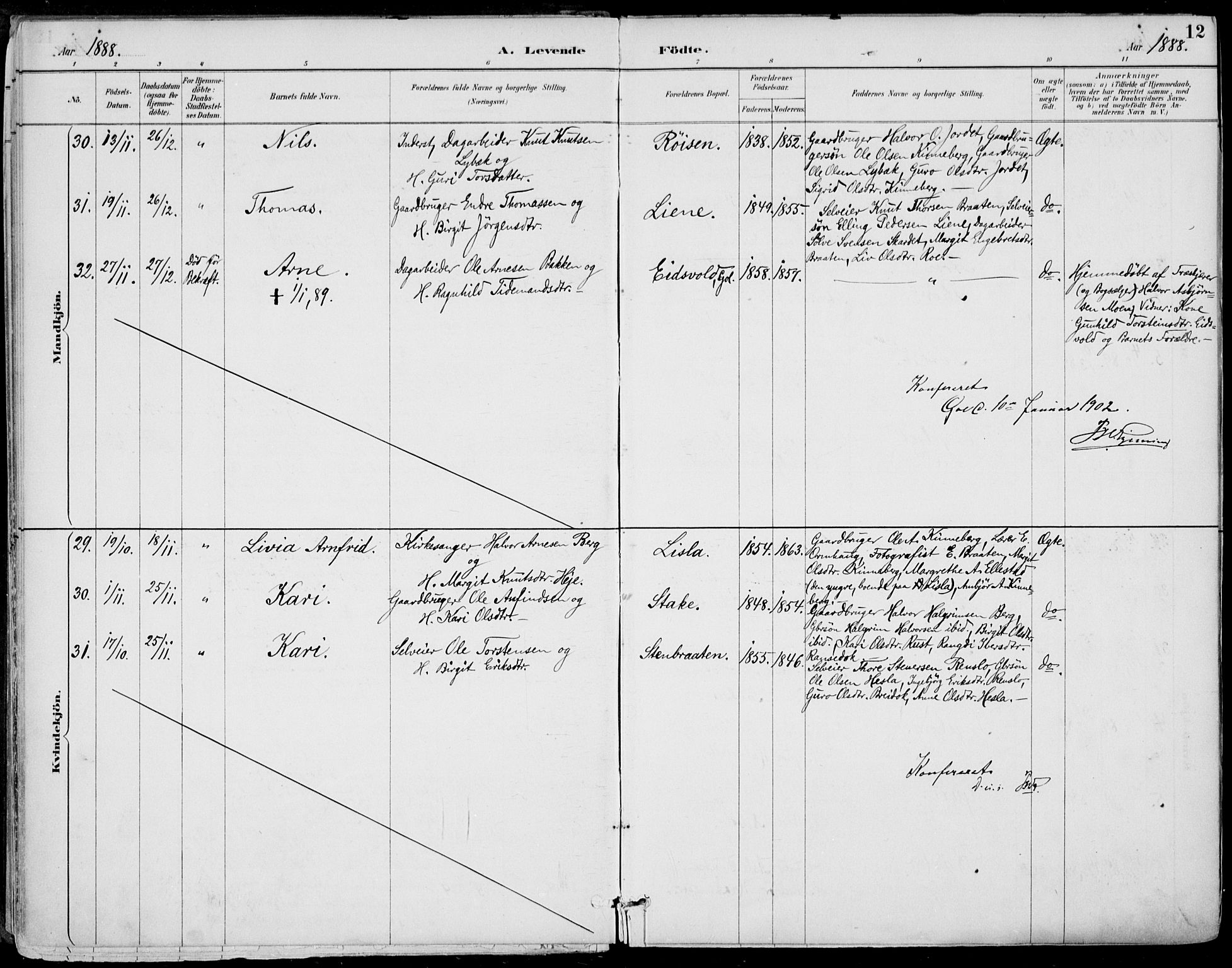 Gol kirkebøker, AV/SAKO-A-226/F/Fa/L0005: Parish register (official) no. I 5, 1887-1900, p. 12