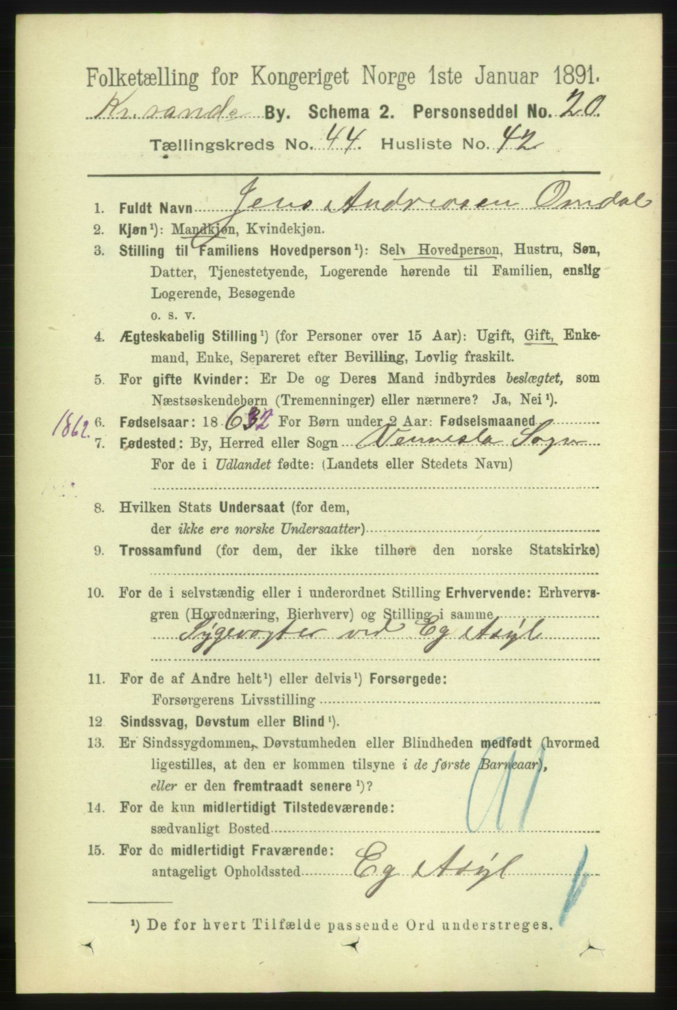 RA, 1891 census for 1001 Kristiansand, 1891, p. 13787