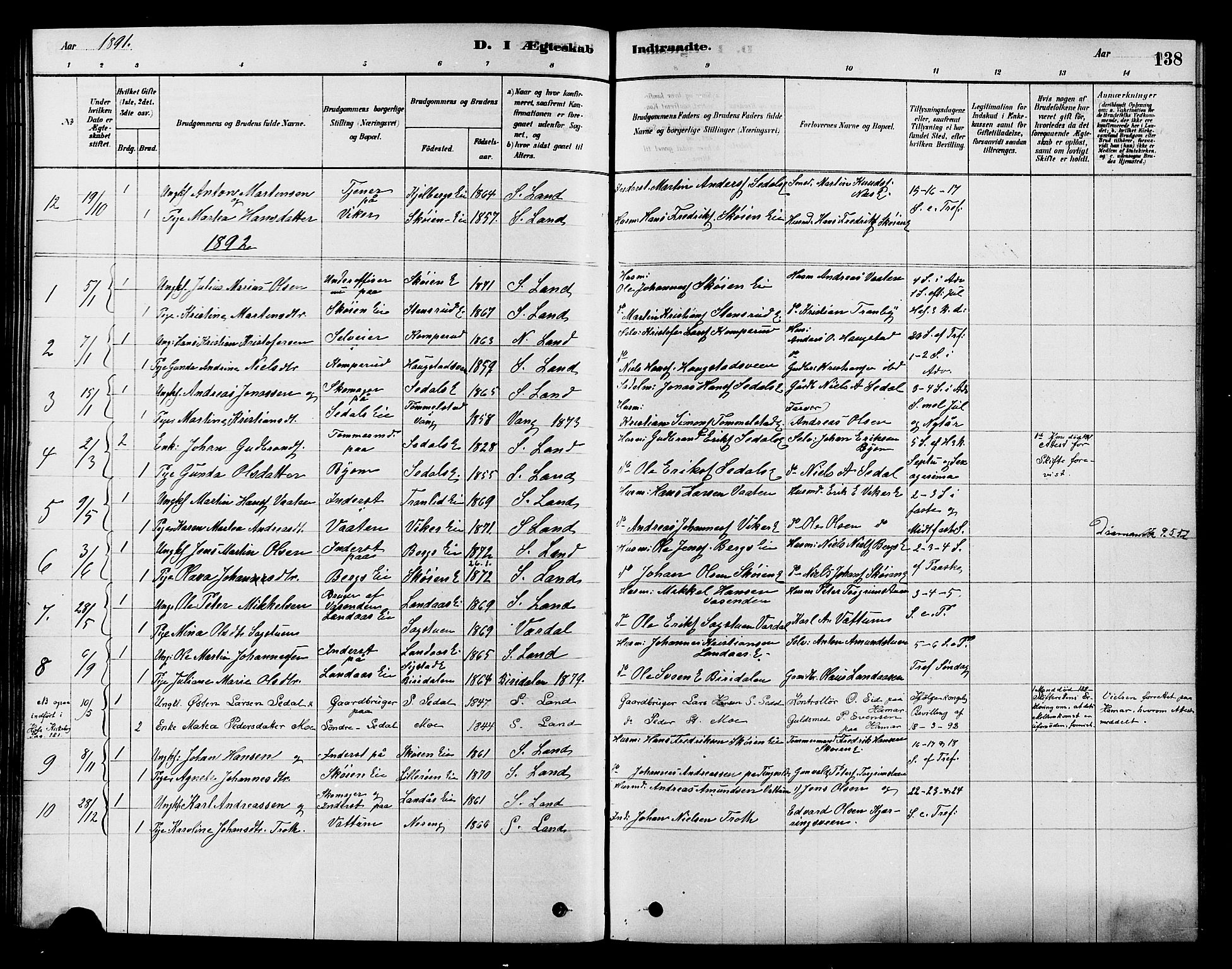 Søndre Land prestekontor, SAH/PREST-122/K/L0002: Parish register (official) no. 2, 1878-1894, p. 138