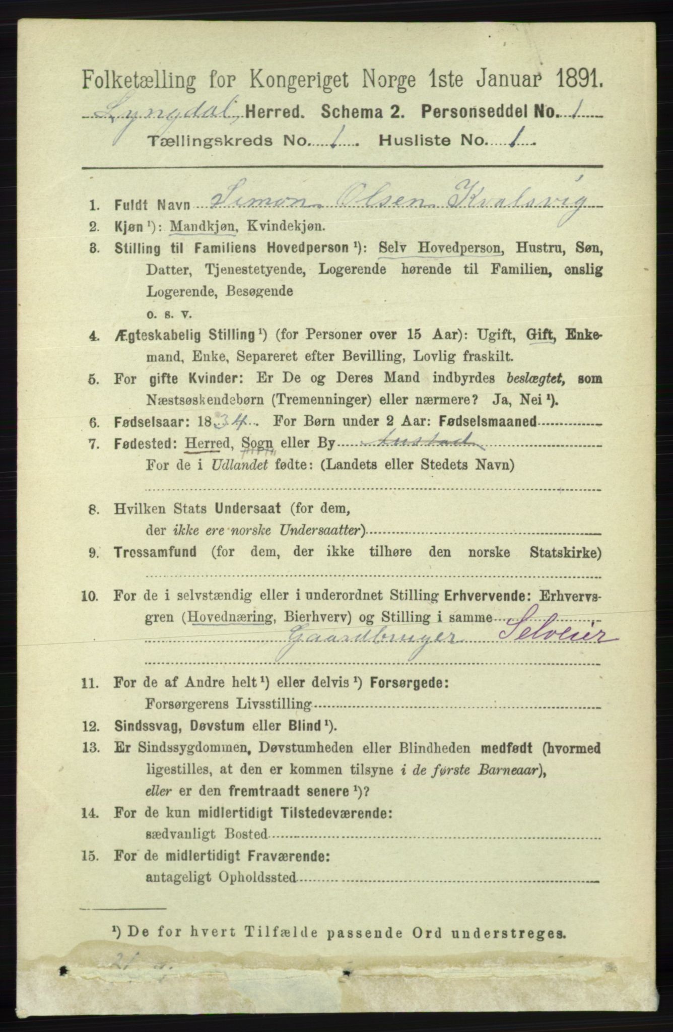 RA, 1891 census for 1032 Lyngdal, 1891, p. 118