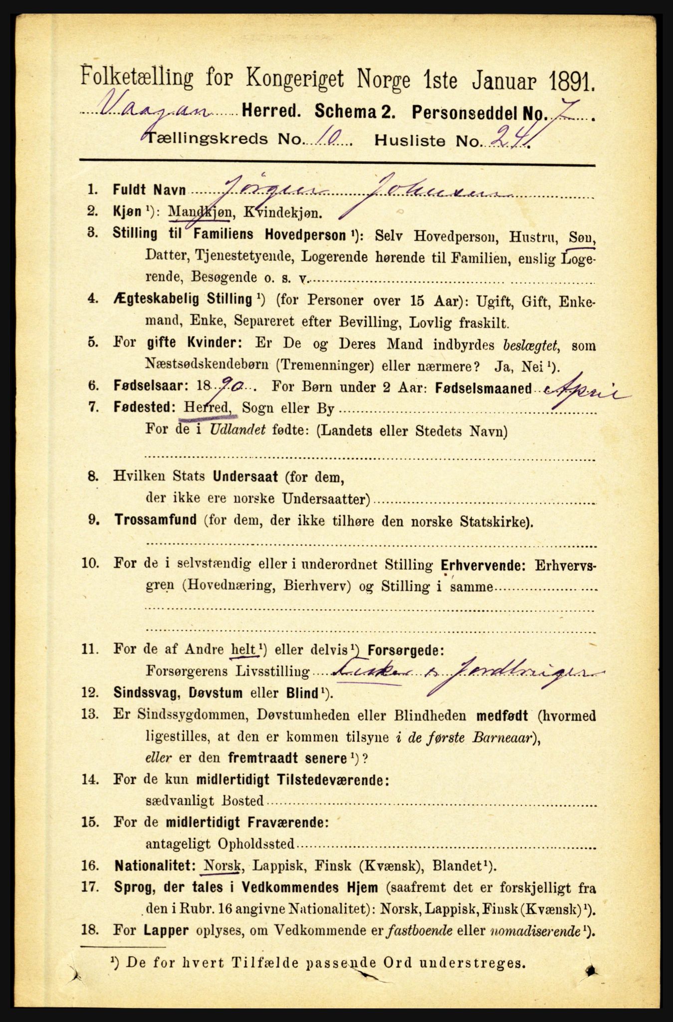 RA, 1891 census for 1865 Vågan, 1891, p. 2702