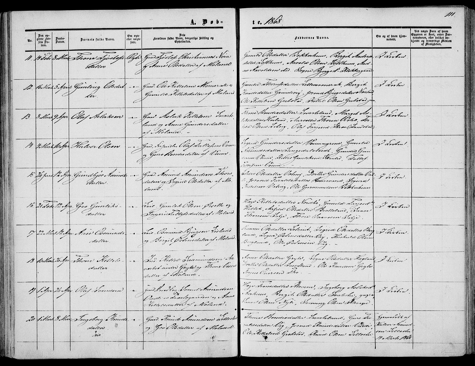 Fyresdal kirkebøker, SAKO/A-263/F/Fa/L0005: Parish register (official) no. I 5, 1855-1871, p. 111