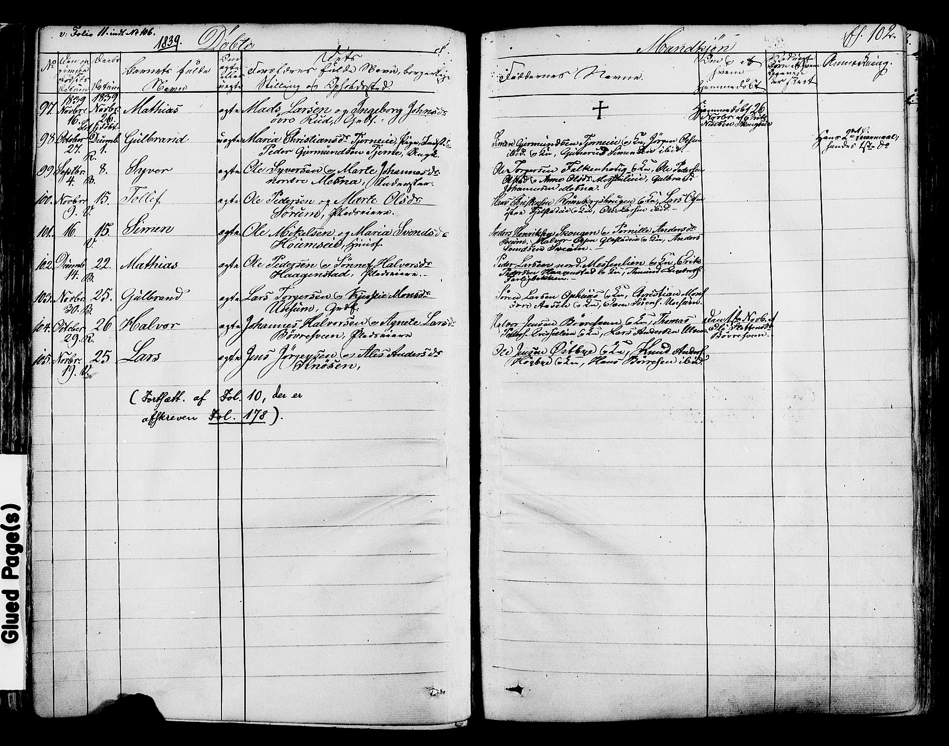 Ringsaker prestekontor, SAH/PREST-014/K/Ka/L0008: Parish register (official) no. 8, 1837-1850, p. 102