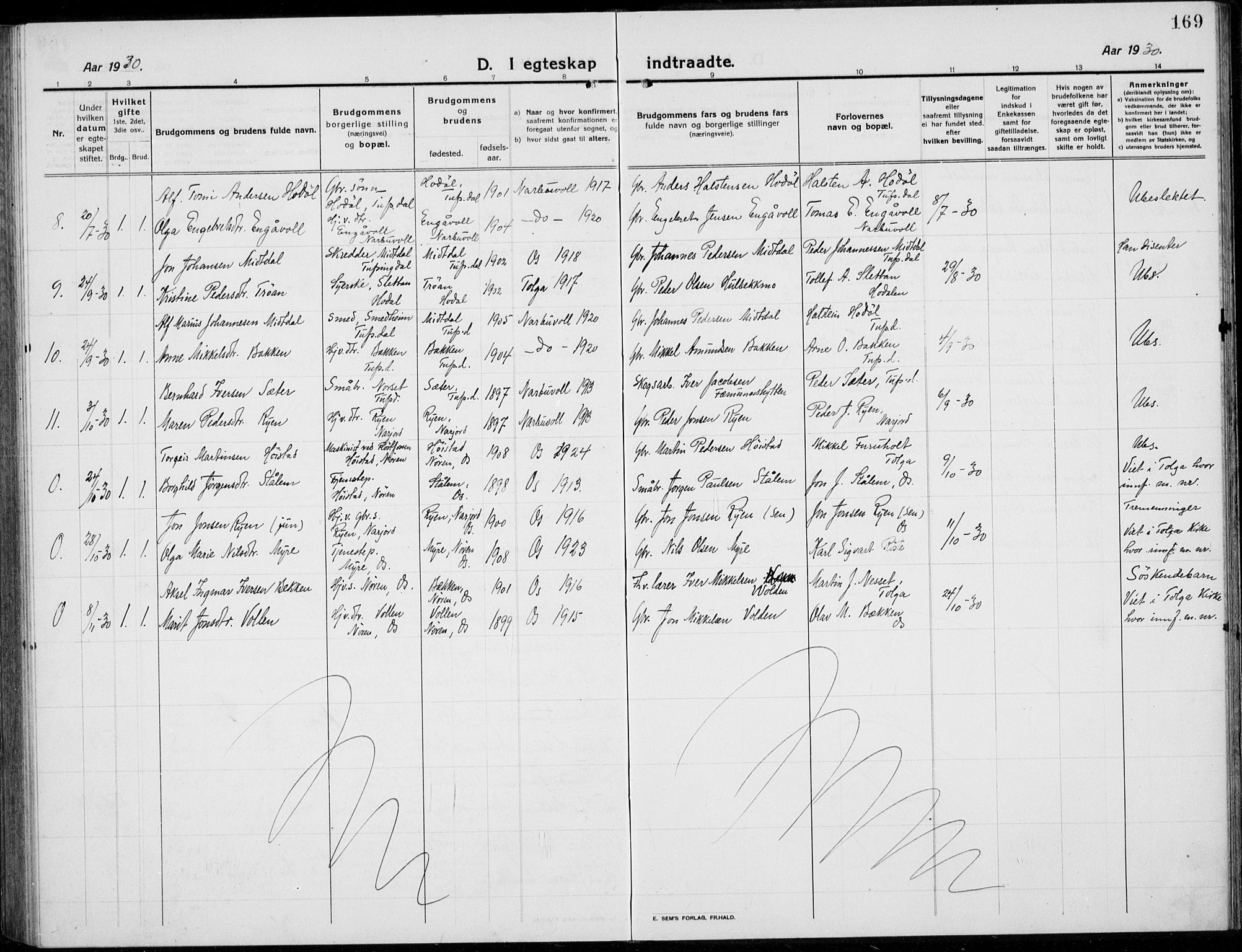 Tolga prestekontor, AV/SAH-PREST-062/L/L0014: Parish register (copy) no. 14, 1913-1936, p. 169